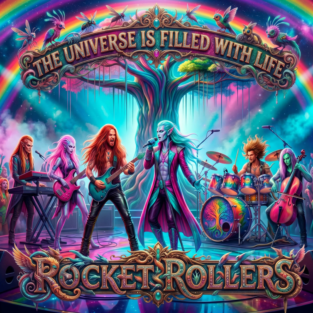 Great slow bop beat for dance music and alien beings are the musicians that play rock and roll music. Very cool and colorful artwork. UFO theme.
