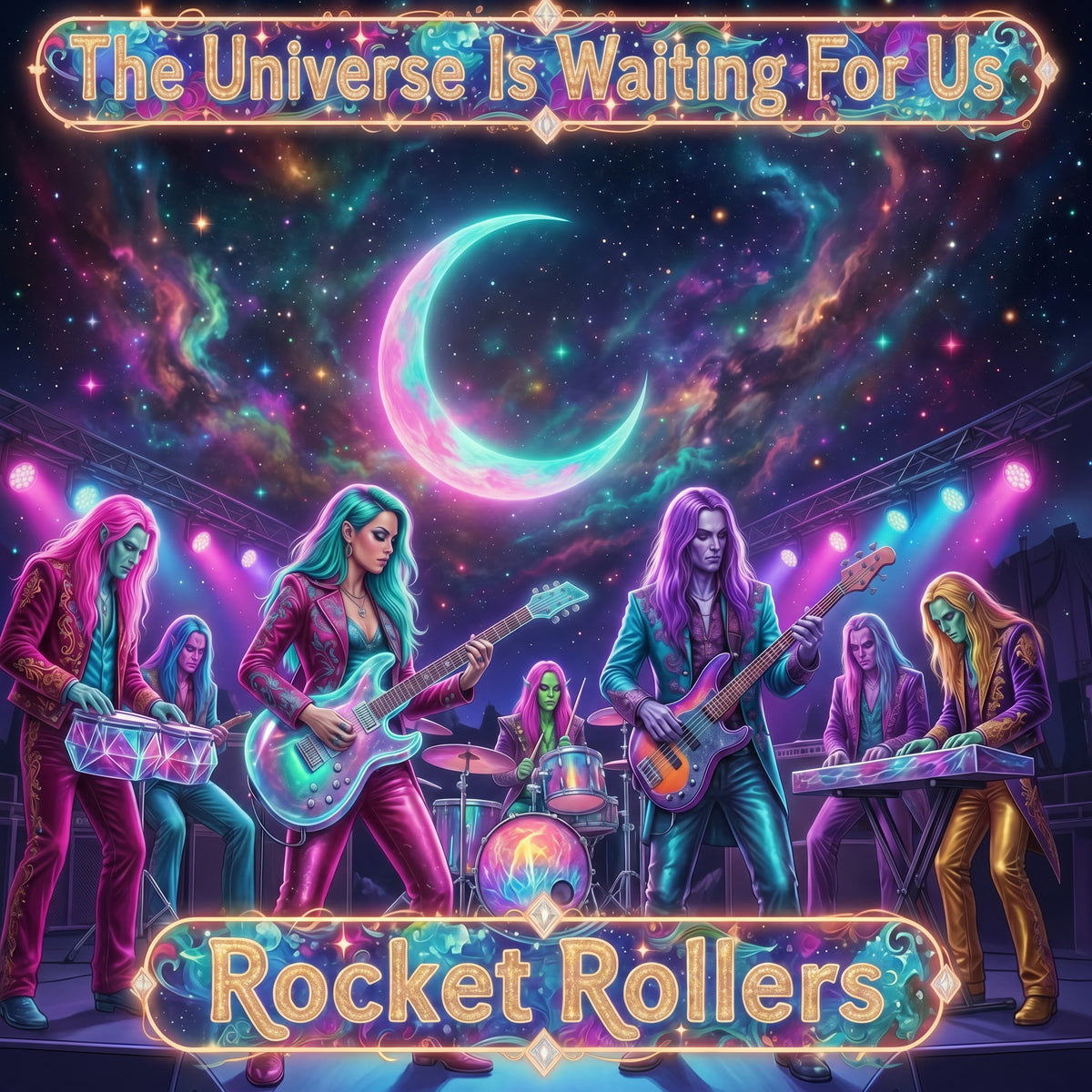 A stylized cosmic UFO alien band performance scene with multiple musicians playing electric guitars, drums, and keyboards under a glowing crescent moon and starry nebula sky. Decorative text at the top reads 'The Universe Is Waiting For Us' and the bottom banner reads 'Rocket Rollers'. Hot Rock and Roll fast dance music. New Age theme music.