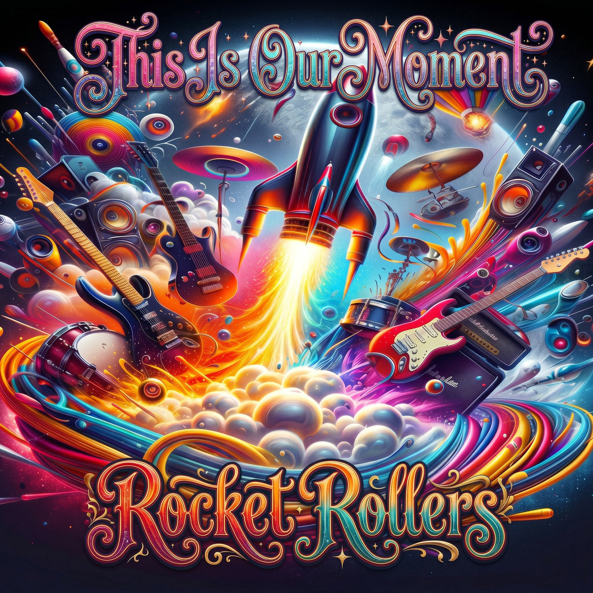 Vibrant album UFO New Age style artwork reading 'This Is Our Moment' and 'Rocket Rollers,' featuring a rocket launching through swirling neon colors with guitars, drums, speakers, cymbals, and abstract cosmic elements. Slow dance Blues inspired music.