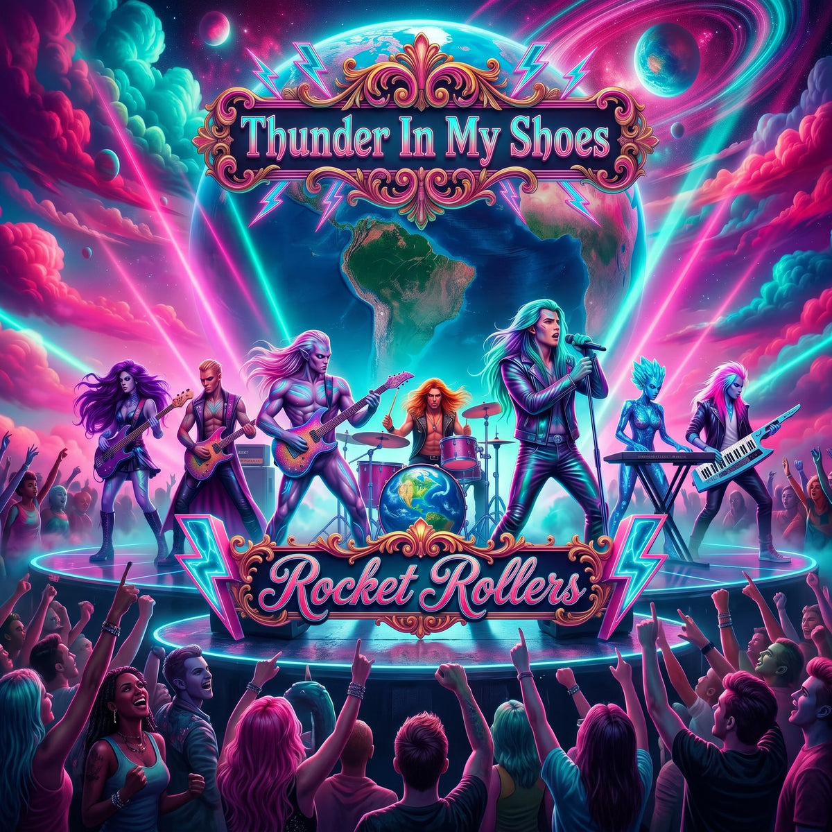 Album cover for 'Thunder In My Shoes' by Rocket Rollers with an alien band performing on stage. UFO rock and roll powerful dance music. New Age style artwork.