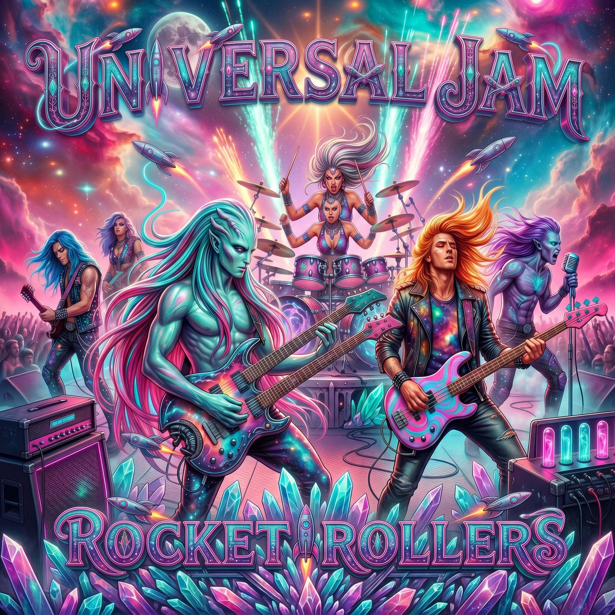 Illustrated band performing on stage with colorful, fantasy-themed design and 'Universal Jam Rocket Rollers' text.