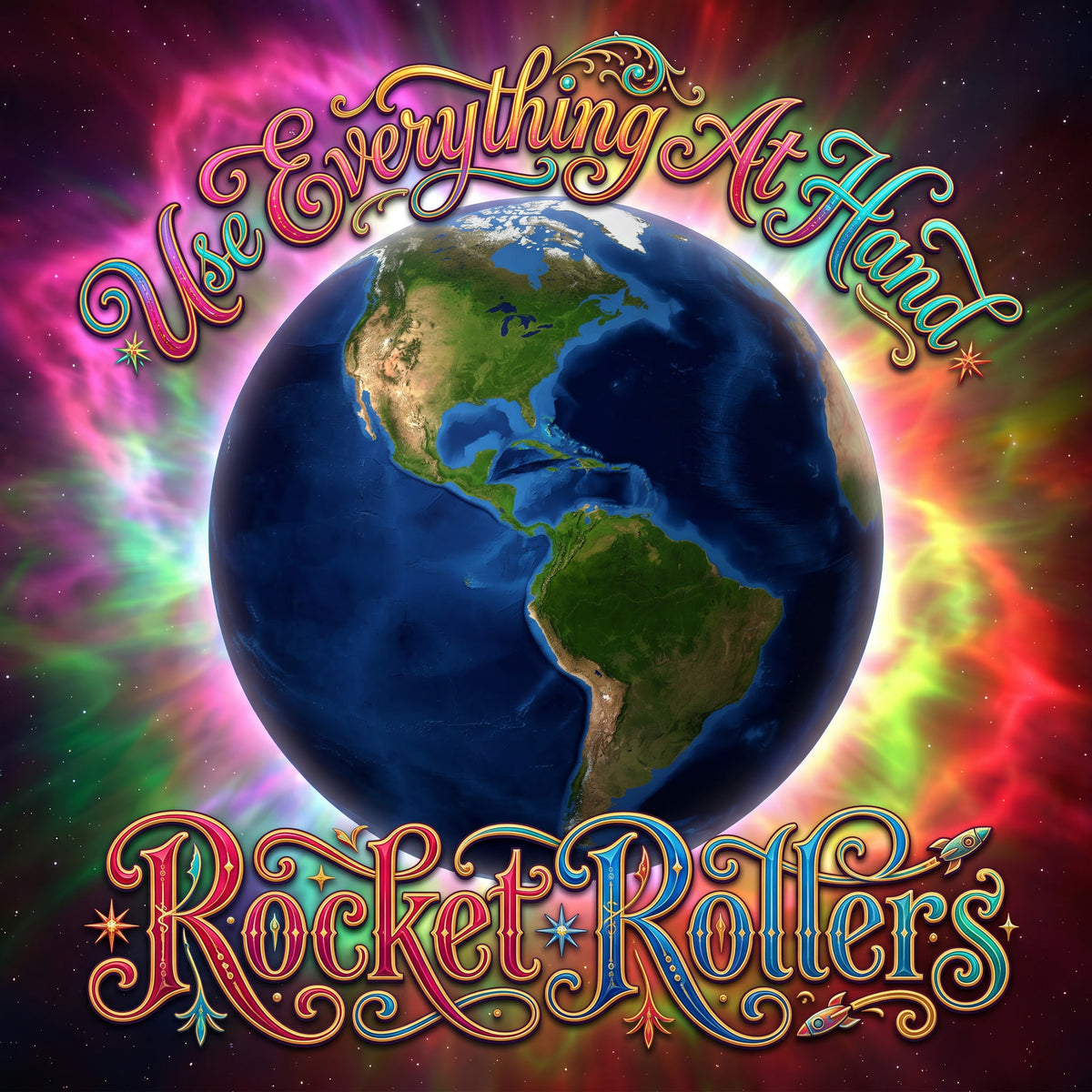 Album cover art New Age Environmentalist for 'Use Everything At Hand / Rocket Rollers' featuring a vibrant, stylized depiction of the Earth surrounded by a colorful cosmic nebula. The text is rendered in a whimsical, multi-colored decorative font.  Rock and Roll Blues with a great dance beat.