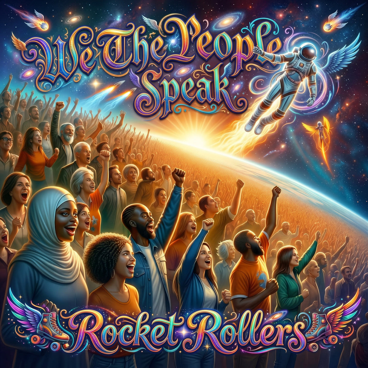 Hot rock and roll Blues with great fast dance energy. Vibrant album-style New Age artwork reading 'We The People Speak' and 'Rocket Rollers,' showing a crowd of diverse people cheering toward a glowing planet, with an UFO astronaut and angelic figures against a starry sky.