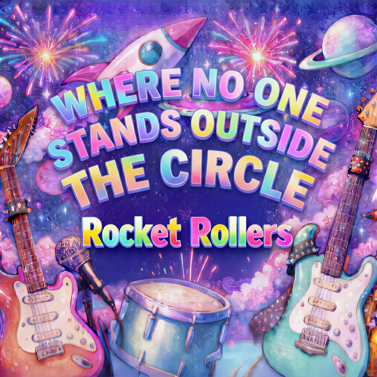 Vibrant New Age album-style artwork with the text 'WHERE NO ONE STANDS OUTSIDE THE CIRCLE' and 'Rocket Rollers' over a colorful space-themed scene with guitars, a microphone, a drum, fireworks, a rocket, planets, and a purple starry background. Fast dance blues rock and roll dance track.