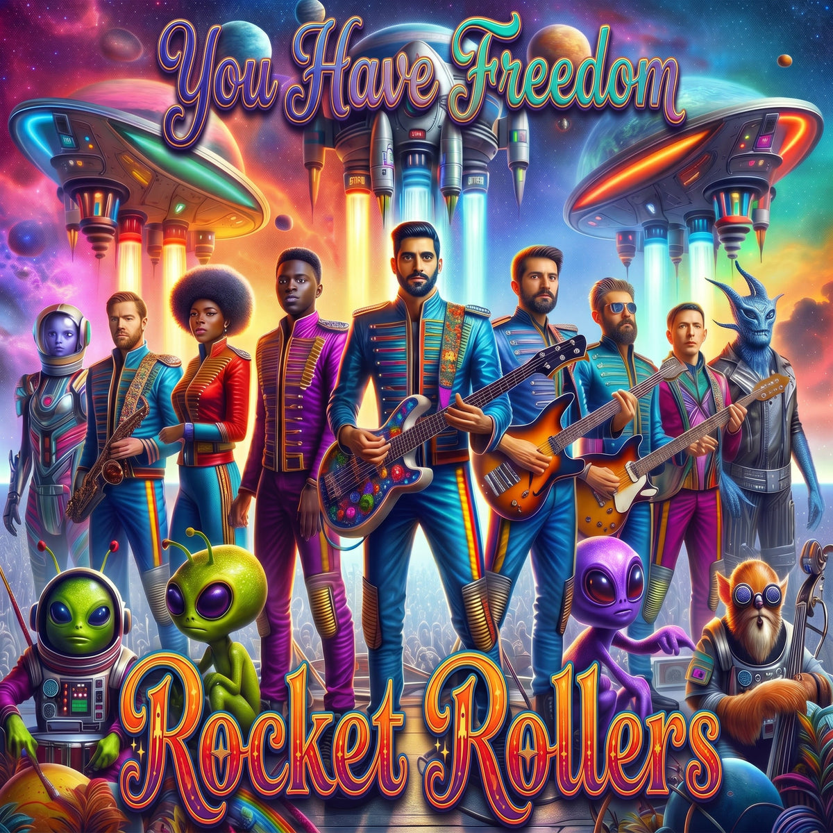 Vibrant retro-futuristic New Age  album cover art for 'You Have Freedom - Rocket Rollers', featuring a group of diverse alien musicians with guitars and synths, alongside colorful aliens and spaceships against a starry cosmic background. Slow dance Blues music.