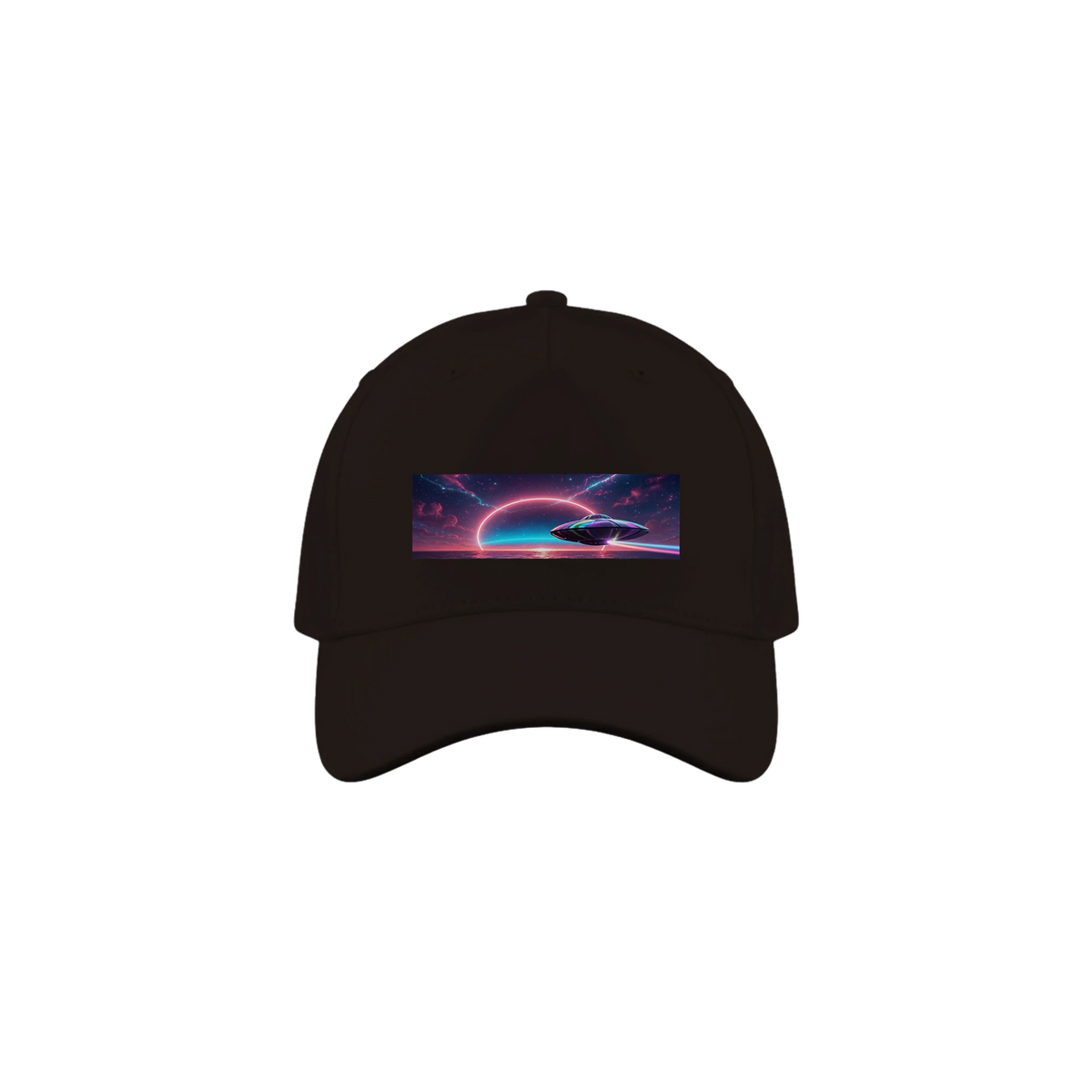 Brown Cap with UFO heading toward the sunset over the water.