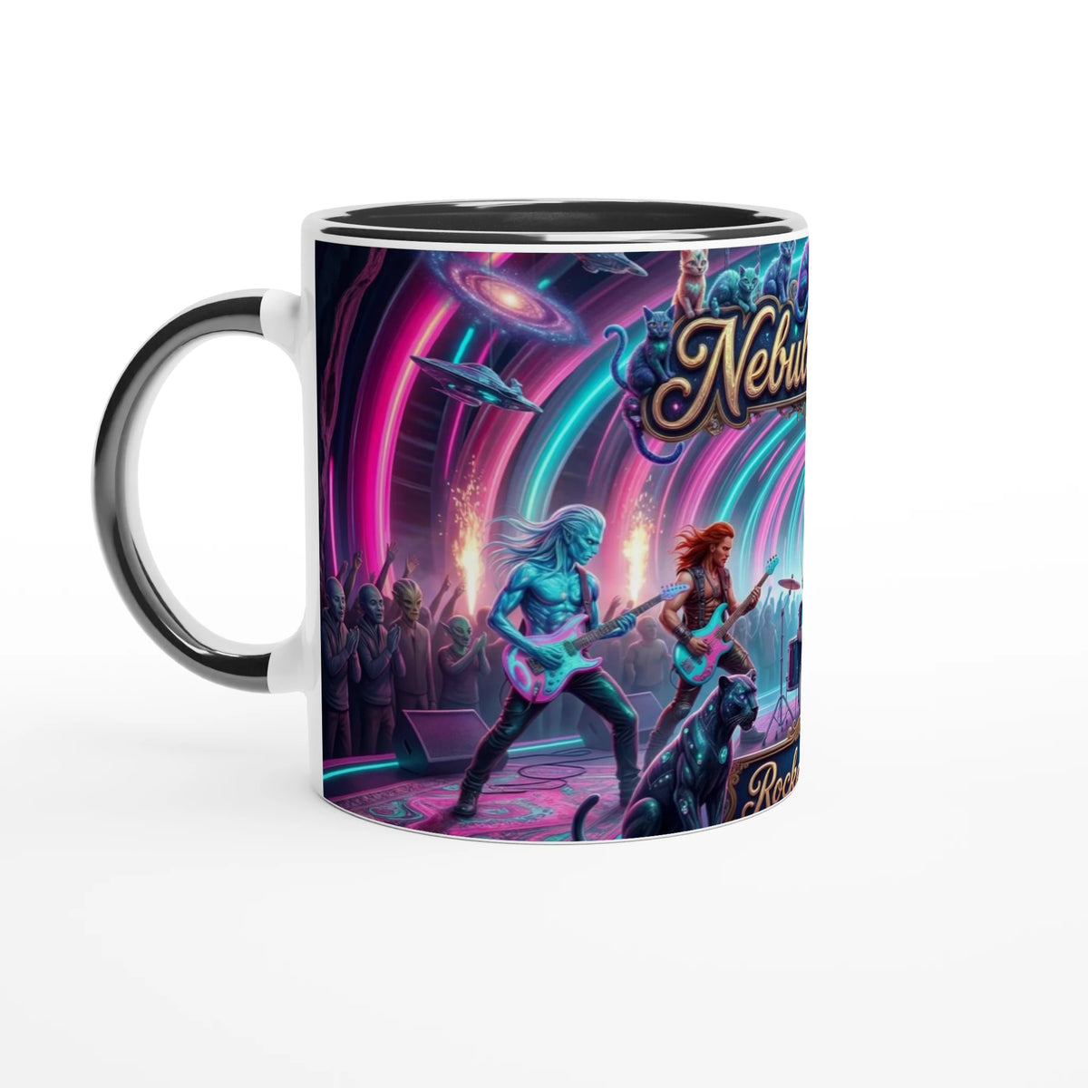 Rocket Rollers Nebula Road 11oz Ceramic Mug. Glossy white on the outside with a burst of color inside