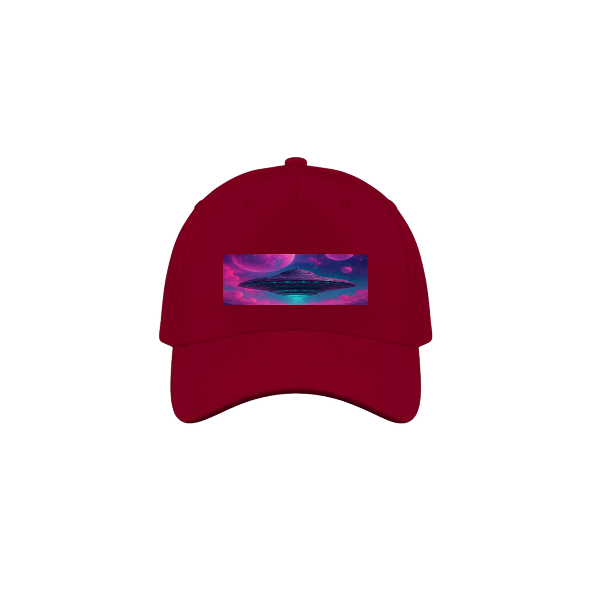 A dark red baseball cap featuring a rectangular front patch with a colorful cosmic design of a UFO in a purple and blue nebula.