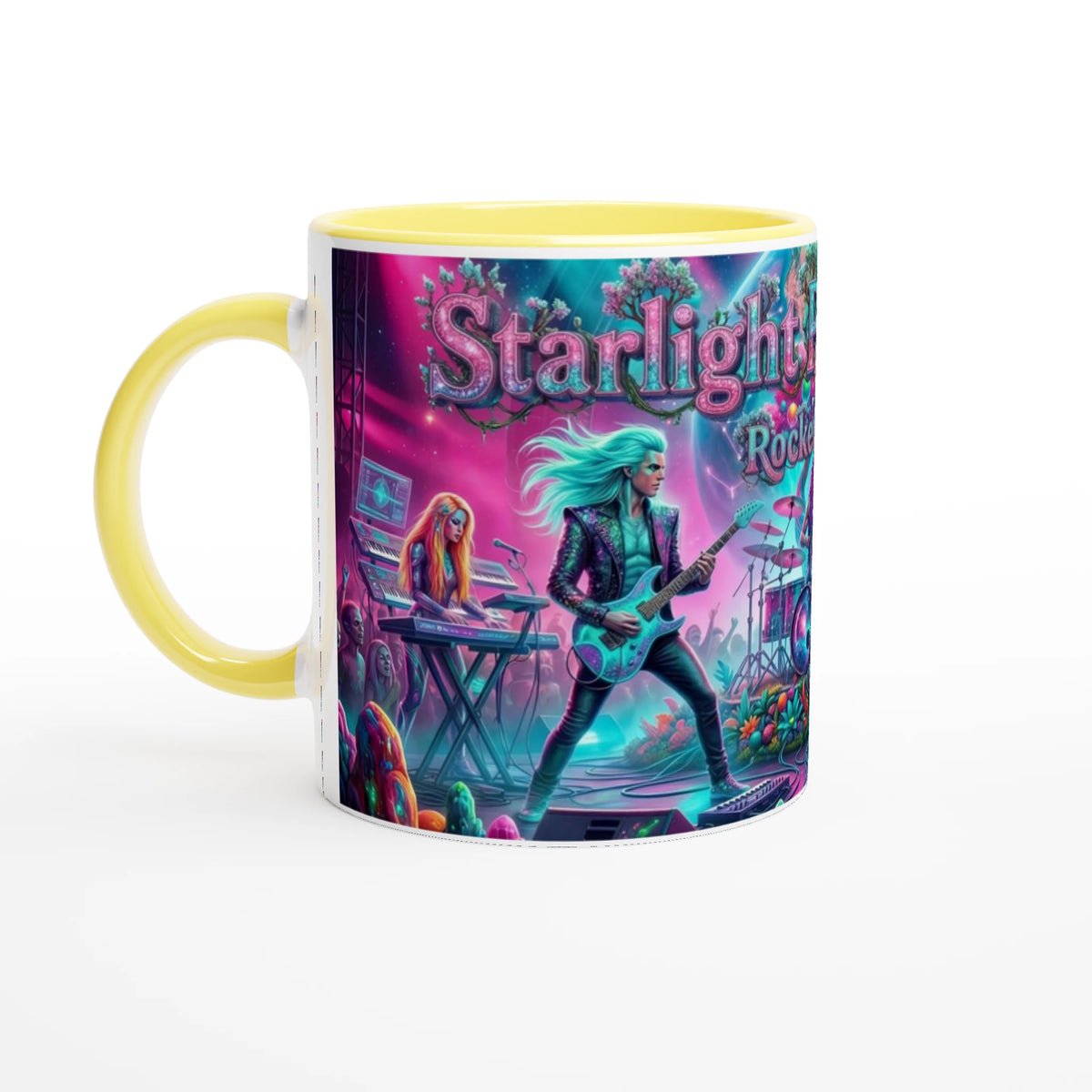 Rocket Rollers Starlight Pulse Melody 11oz Ceramic Mug. Glossy white on the outside with a burst of color inside