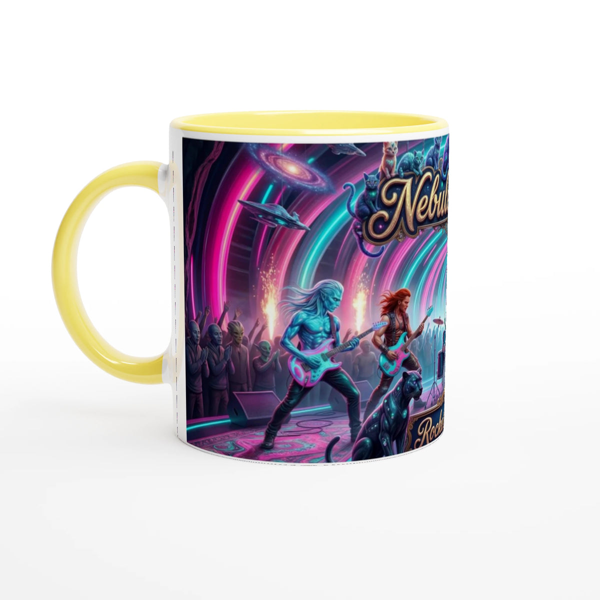 Rocket Rollers Nebula Road 11oz Ceramic Mug. Glossy white on the outside with a burst of color inside