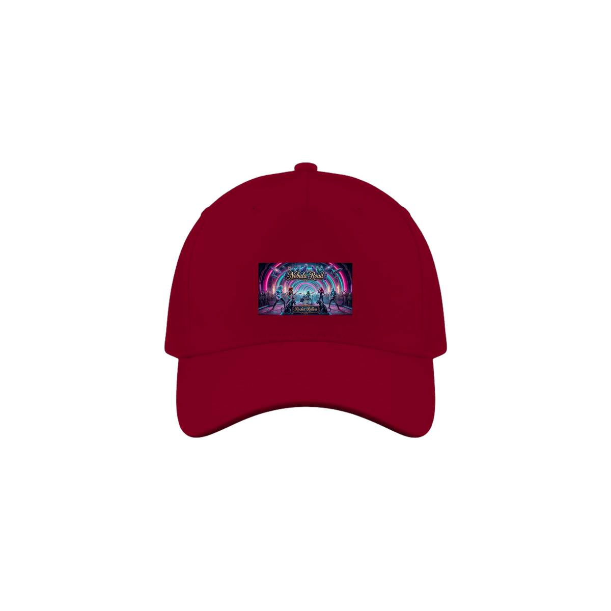 Dark red cap with front patch of the Rocket Rollers Nebula Road album cover.