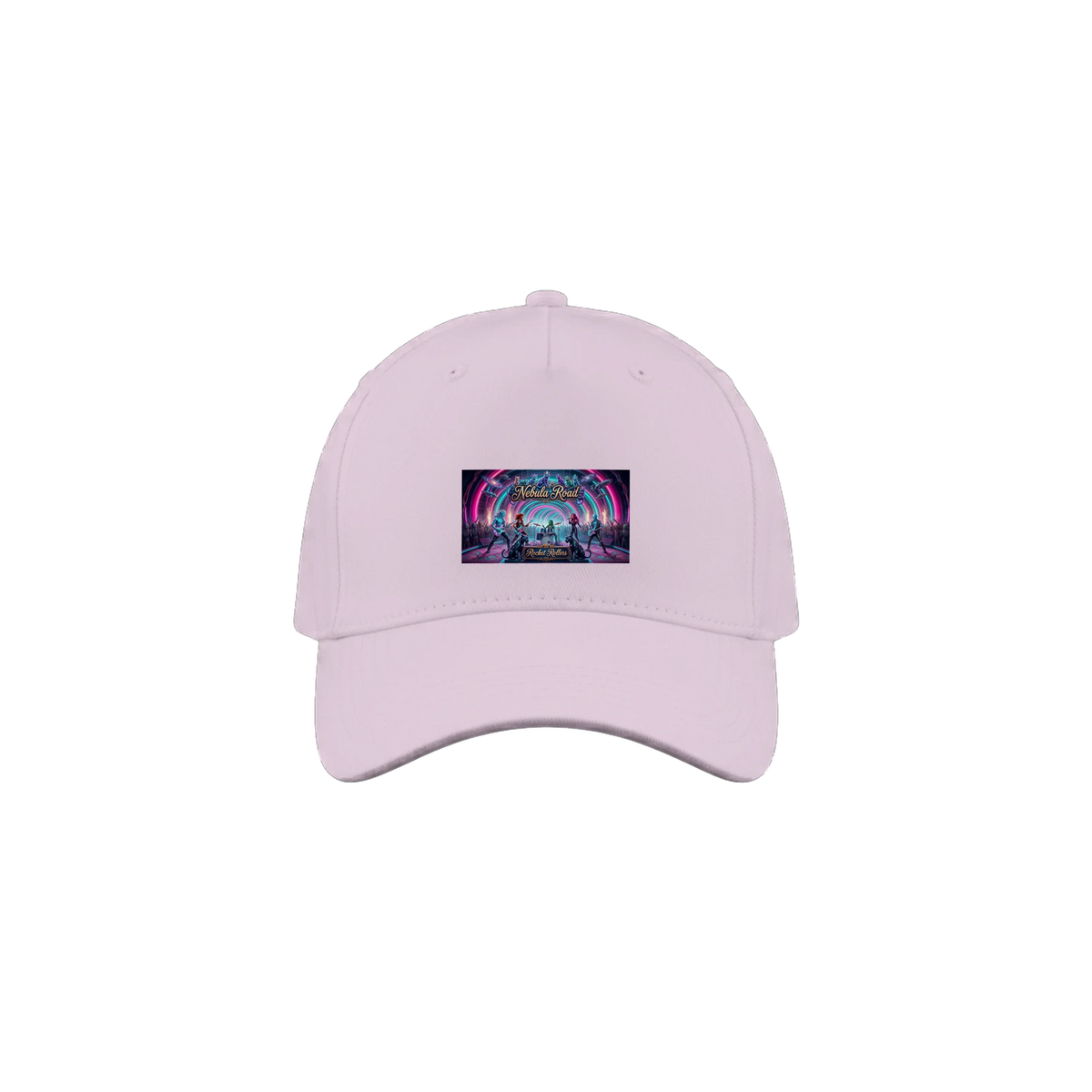Pink cap with front patch of the Rocket Rollers Nebula Road album cover.