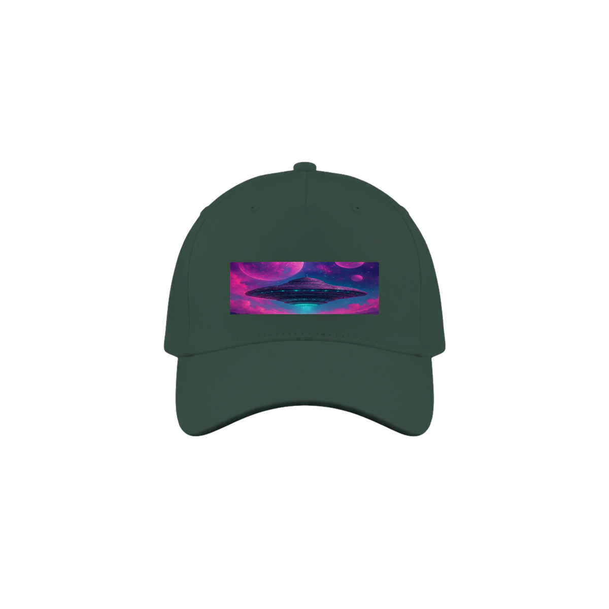 A dark green baseball cap featuring a rectangular front patch with a colorful cosmic design of a UFO in purple, pink, and blue tones.