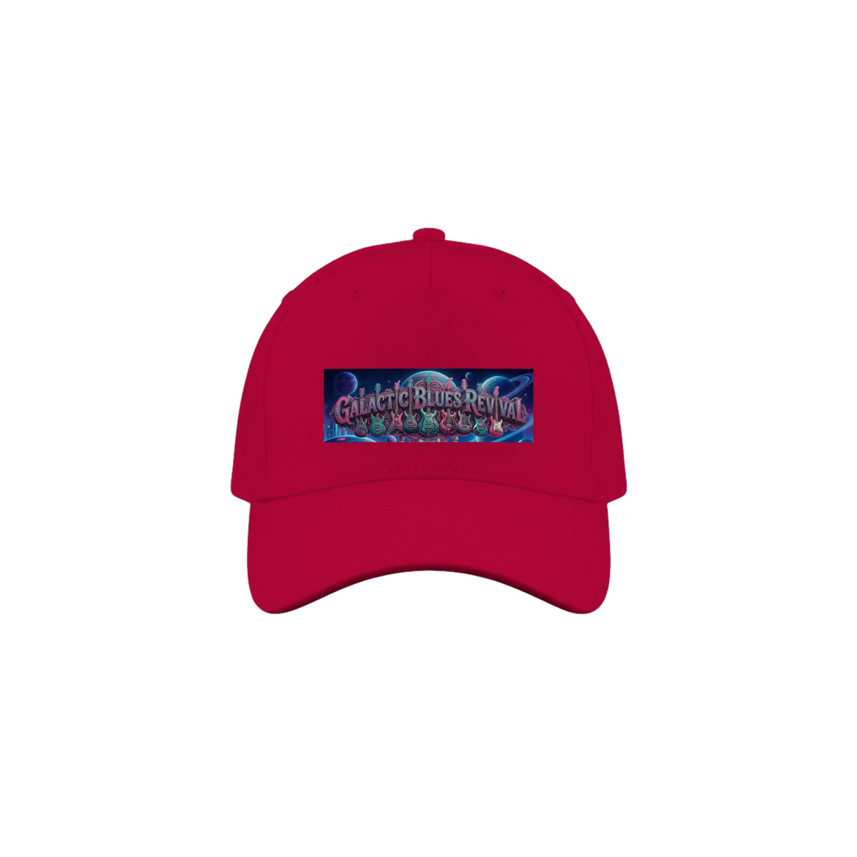 A red baseball cap featuring a rectangular graphic patch on the front with the text 'Galactic Blues Revival' decorated with colorful guitars and a blue space-themed design, shown against planets in the  background.