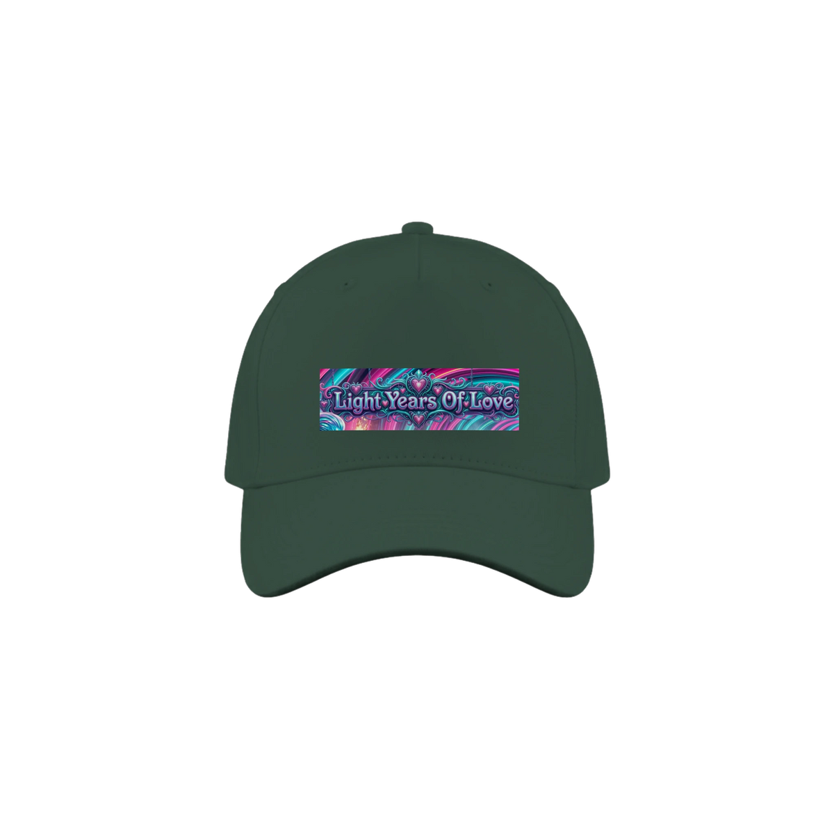 A green baseball cap with a colorful graphic patch on the front that reads 'Light Years Of Love'.