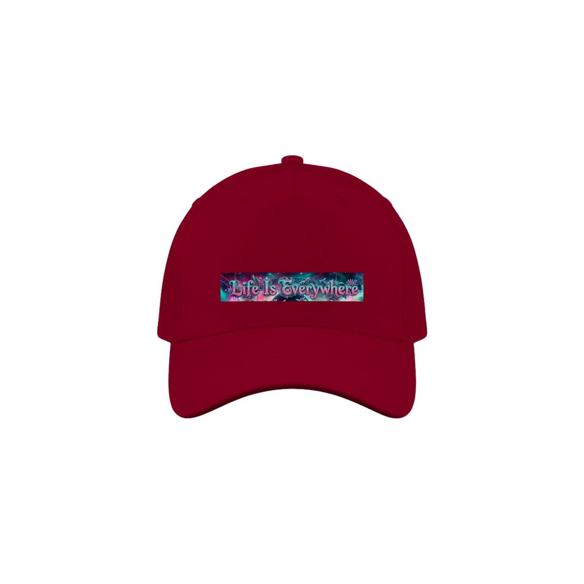 Red cap with the colorful logo on it that reads, "Life Is Everywhere".