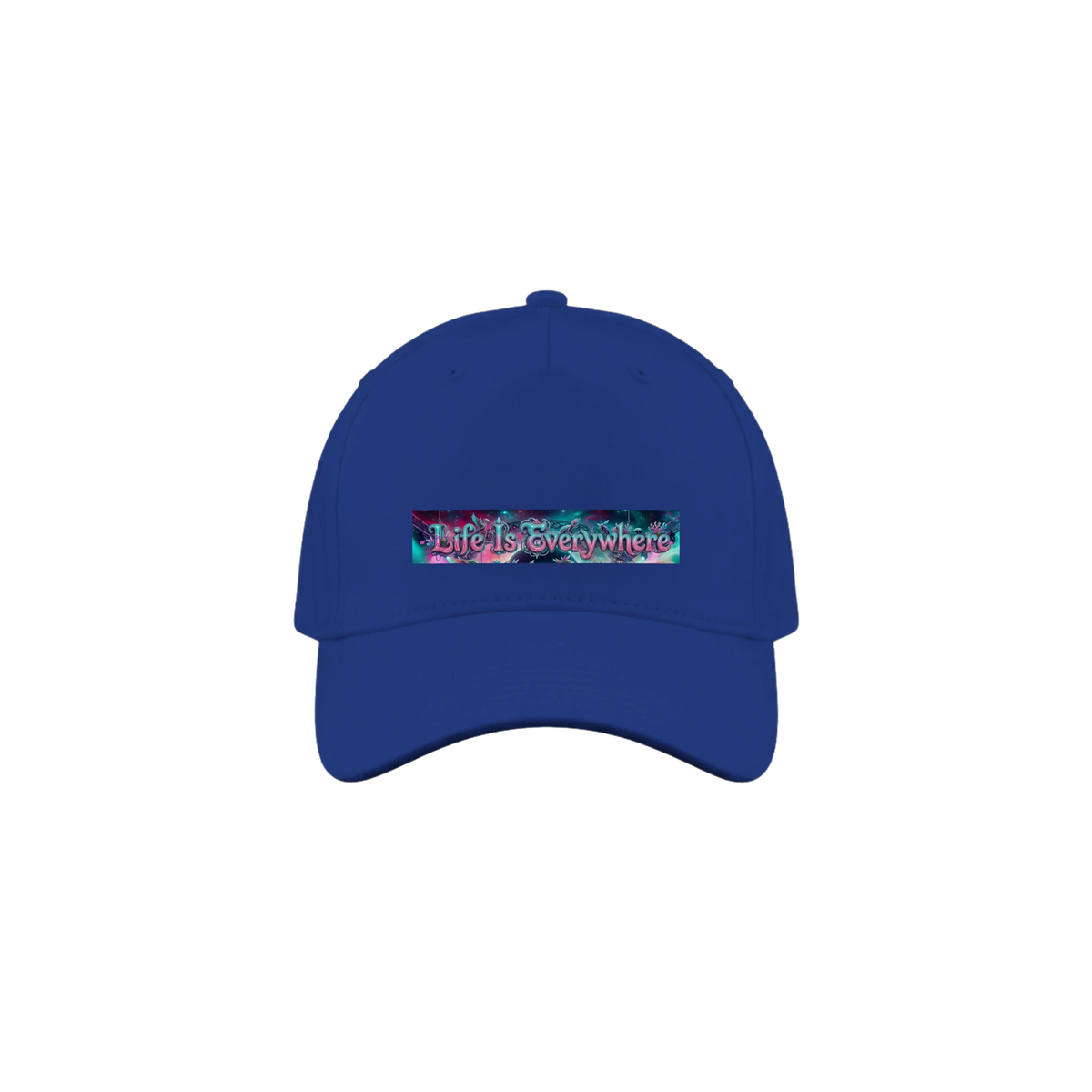 Blue cap with the colorful logo on it that reads, "Life Is Everywhere".