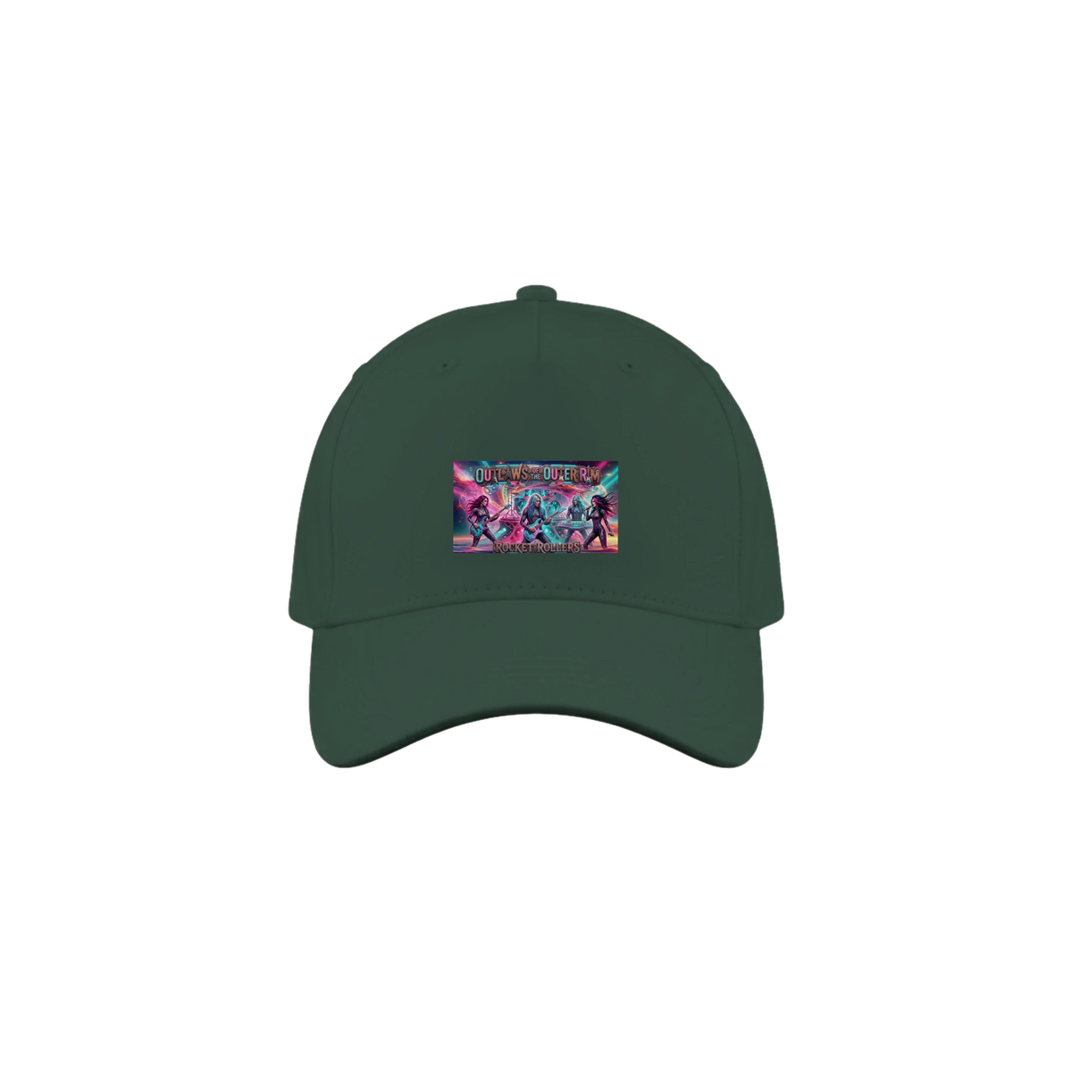 Green cap with a colorful graphic of the  Rocket Rollers "Outlaws Of The Outer Rim" album cover 5-Panel Cap. 