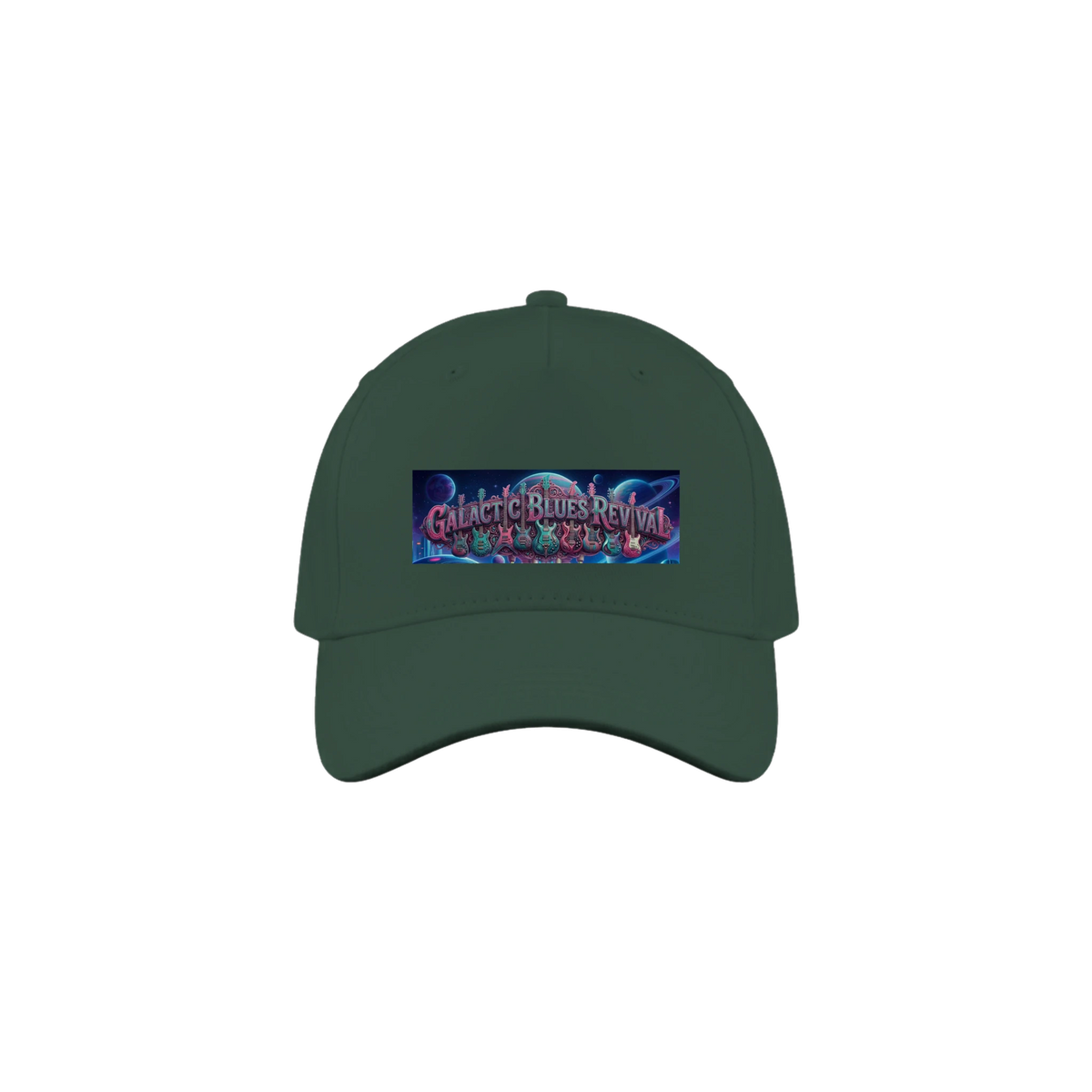 A green baseball cap featuring a rectangular graphic patch on the front with the text 'Galactic Blues Revival' decorated with colorful guitars and a blue space-themed design, shown against planets in the  background.