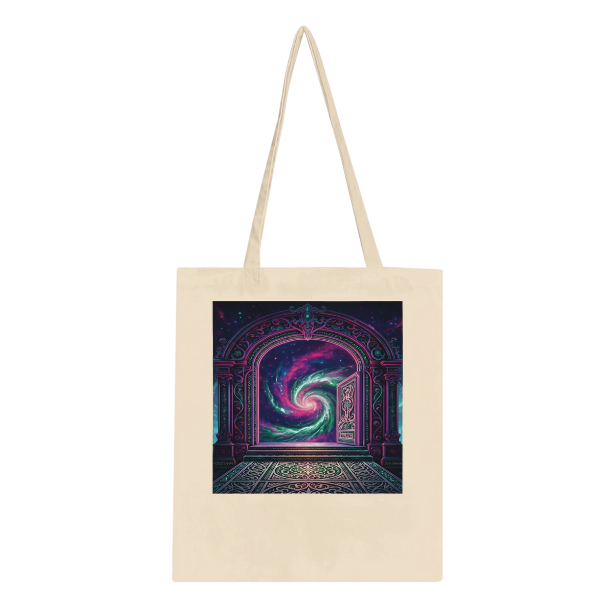 A natural canvas tote bag with dual shoulder straps, featuring a square graphic print on the front depicting a colorful, ornate Stargate doorway opening into a swirling purple and teal cosmic scene.