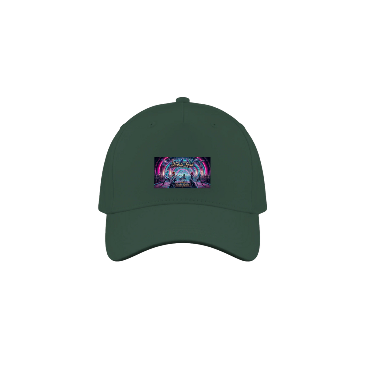 Green cap with front patch of the Rocket Rollers Nebula Road album cover.