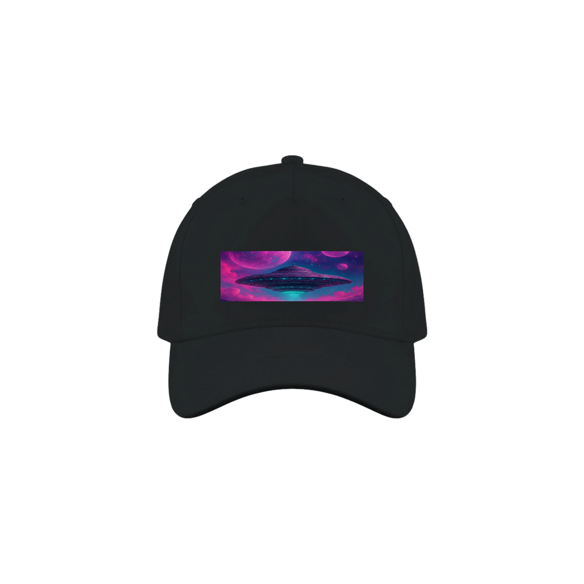 A black baseball cap featuring a rectangular front patch with a colorful cosmic design of a UFO in a purple and blue nebula.