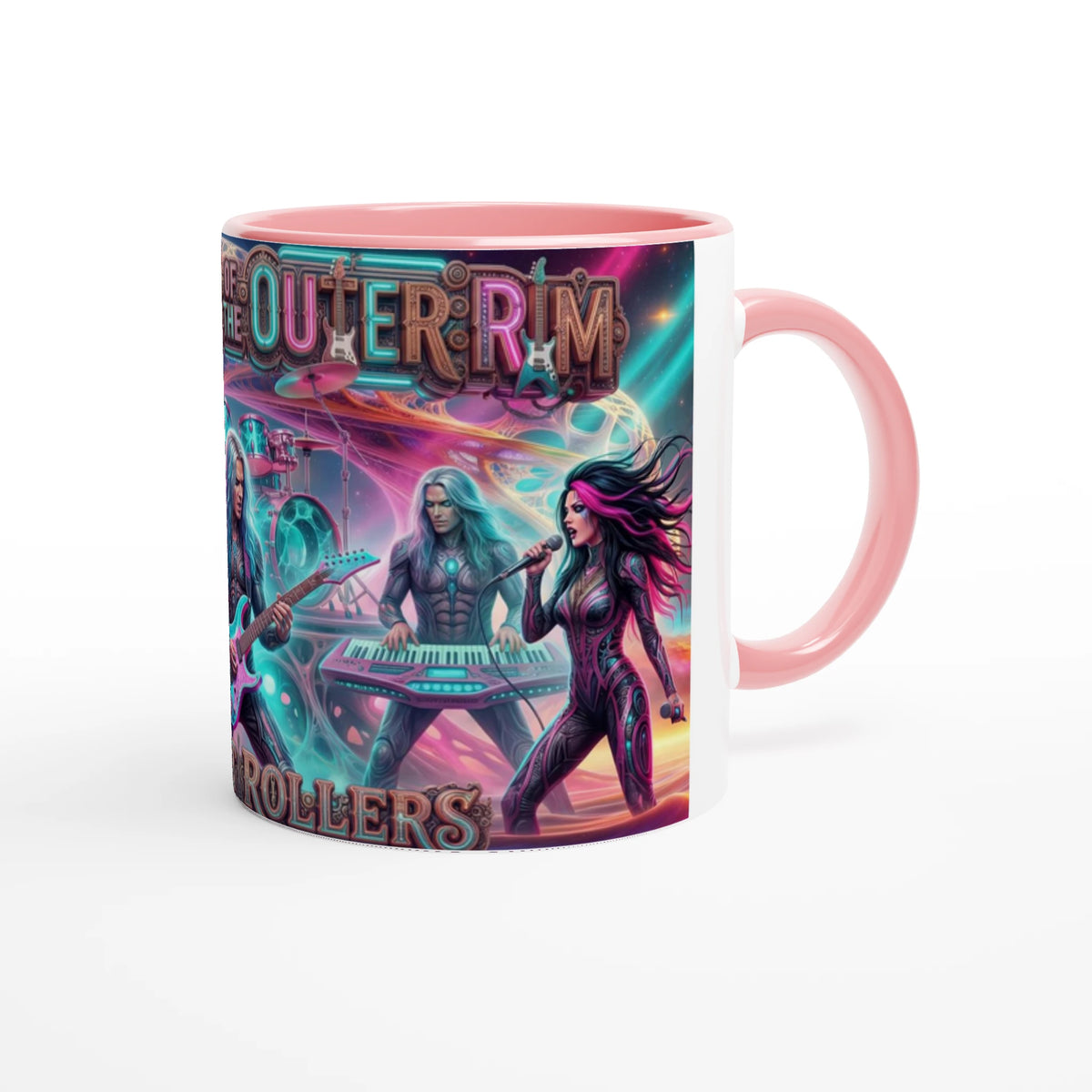Rocket Rollers Outlaws Of The Outer Rim 11oz Ceramic Mug. Glossy white with a bold pop of color on the inside.