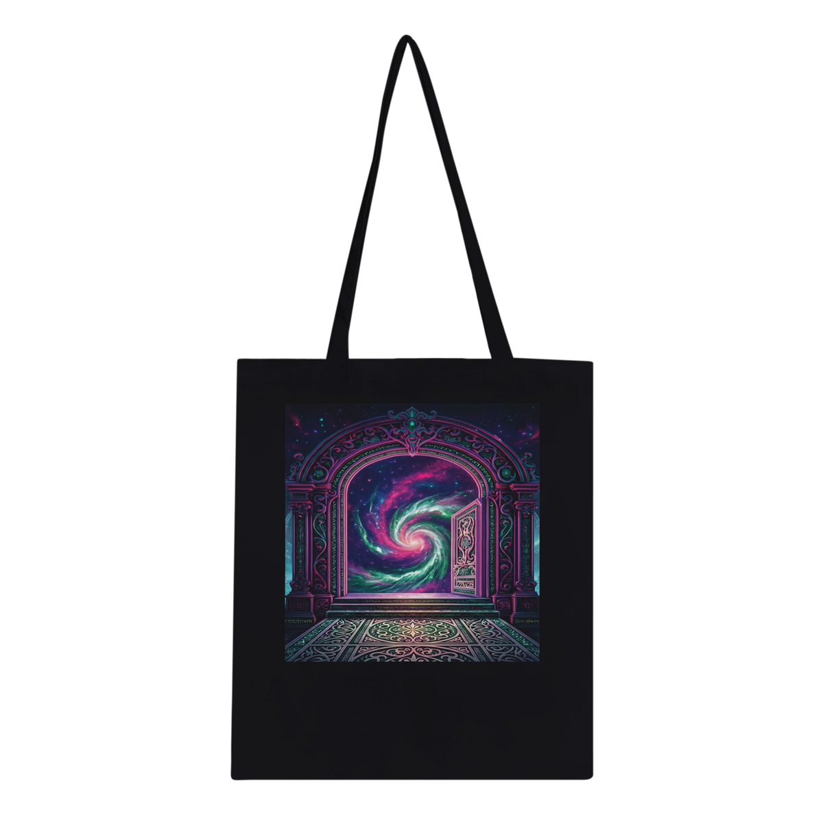 A black canvas tote bag with long black shoulder straps, featuring a colorful printed graphic on the front of an ornate Stargate doorway opening into a swirling purple, pink, and blue cosmic scene.