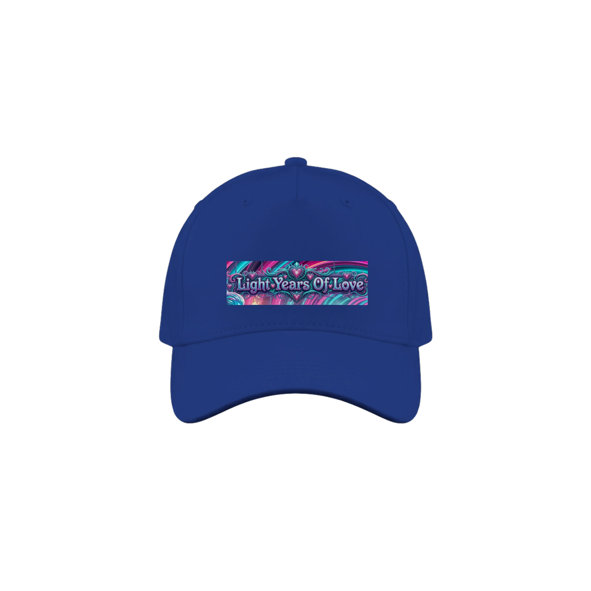A blue baseball cap with a colorful graphic patch on the front that reads 'Light Years Of Love'.