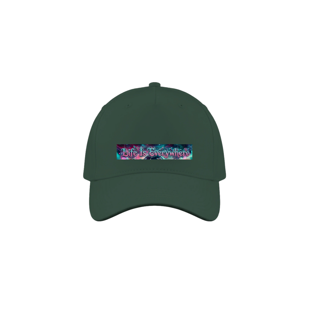 Green cap with the colorful logo on it that reads, "Life Is Everywhere".