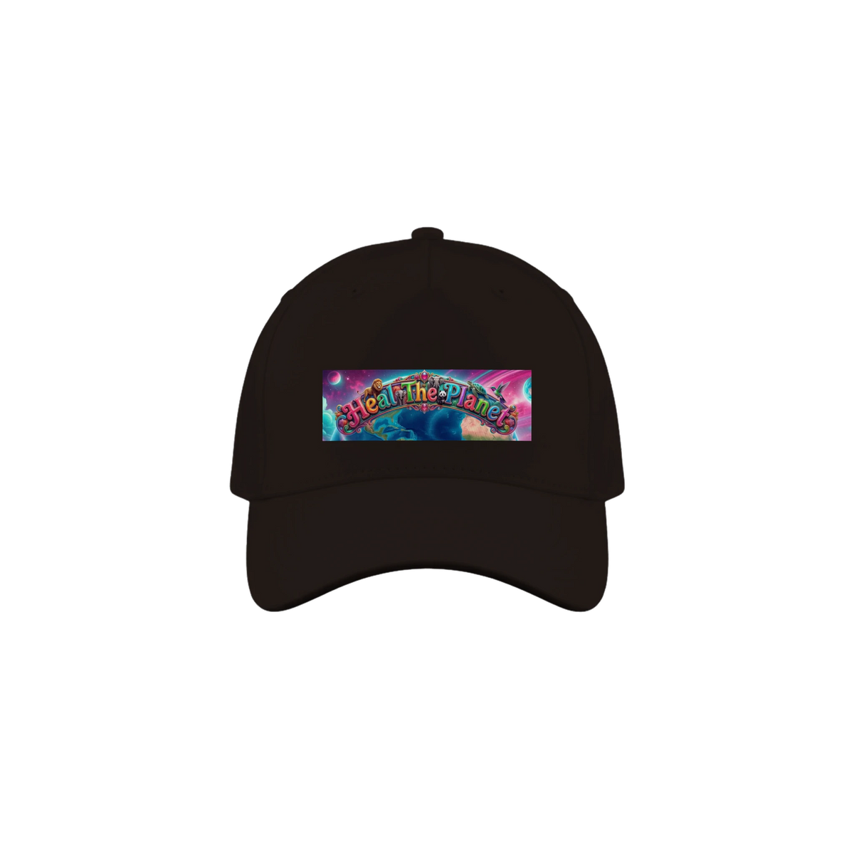 Brown cap with a bright animal framed logo that reads, "Heal The Planet".