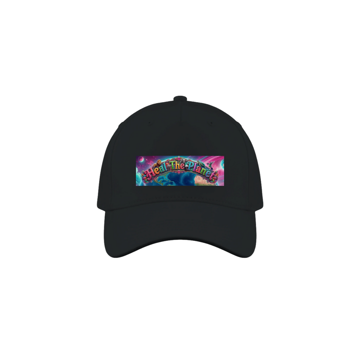 Cap with a bright animal framed logo that reads, "Heal The Planet".