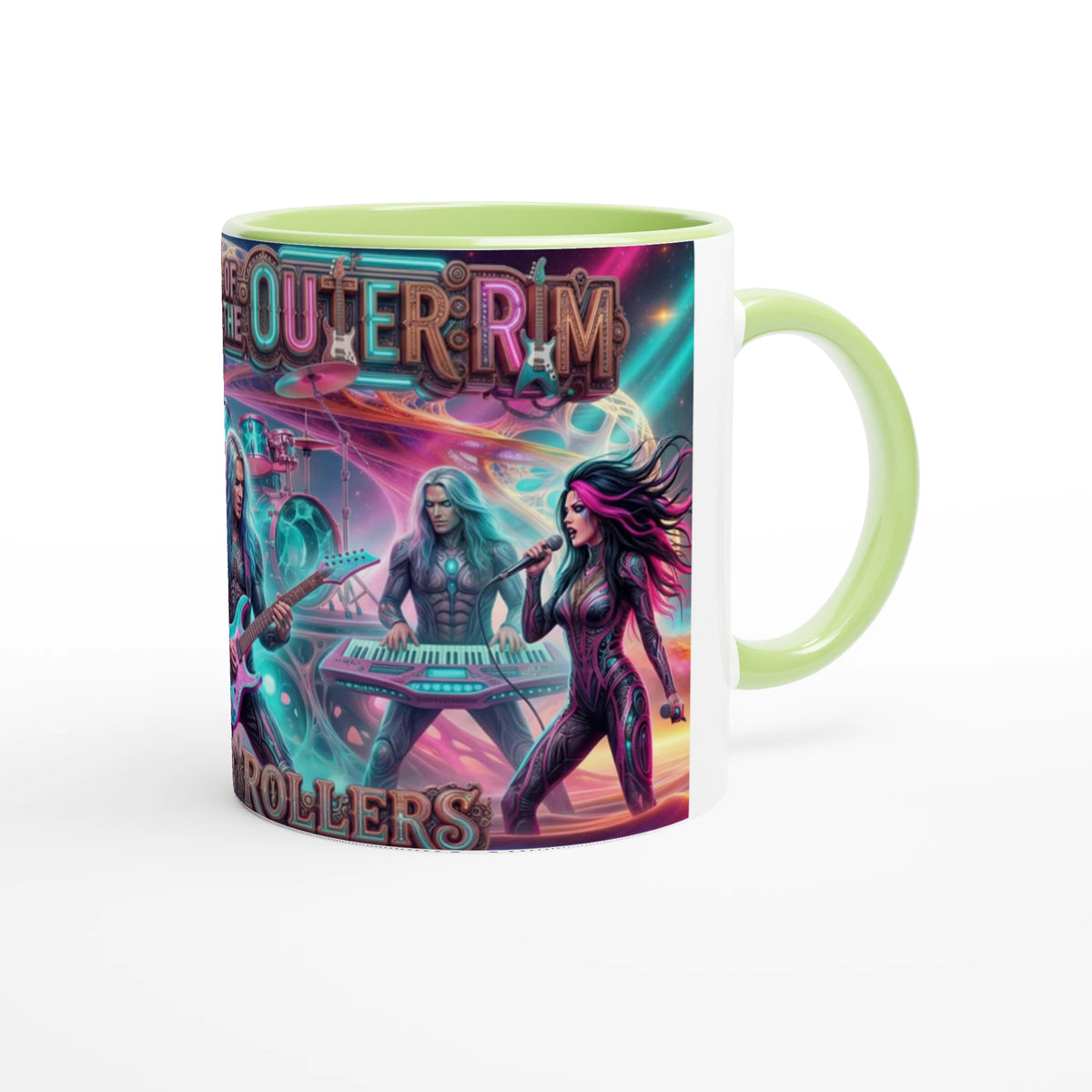 Rocket Rollers Outlaws Of The Outer Rim 11oz Ceramic Mug. Glossy white with a bold pop of color on the inside.