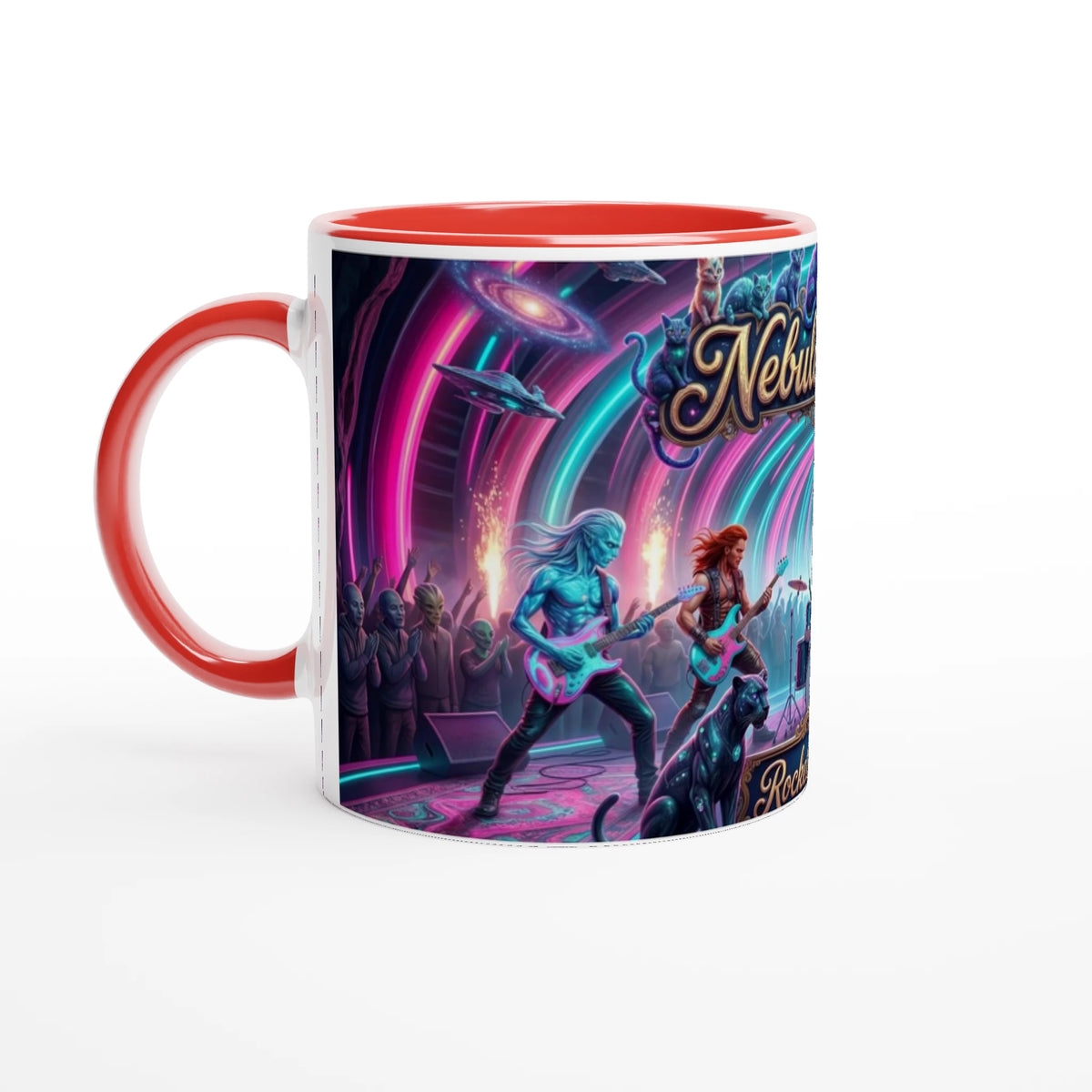 Rocket Rollers Nebula Road 11oz Ceramic Mug. Glossy white on the outside with a burst of color inside