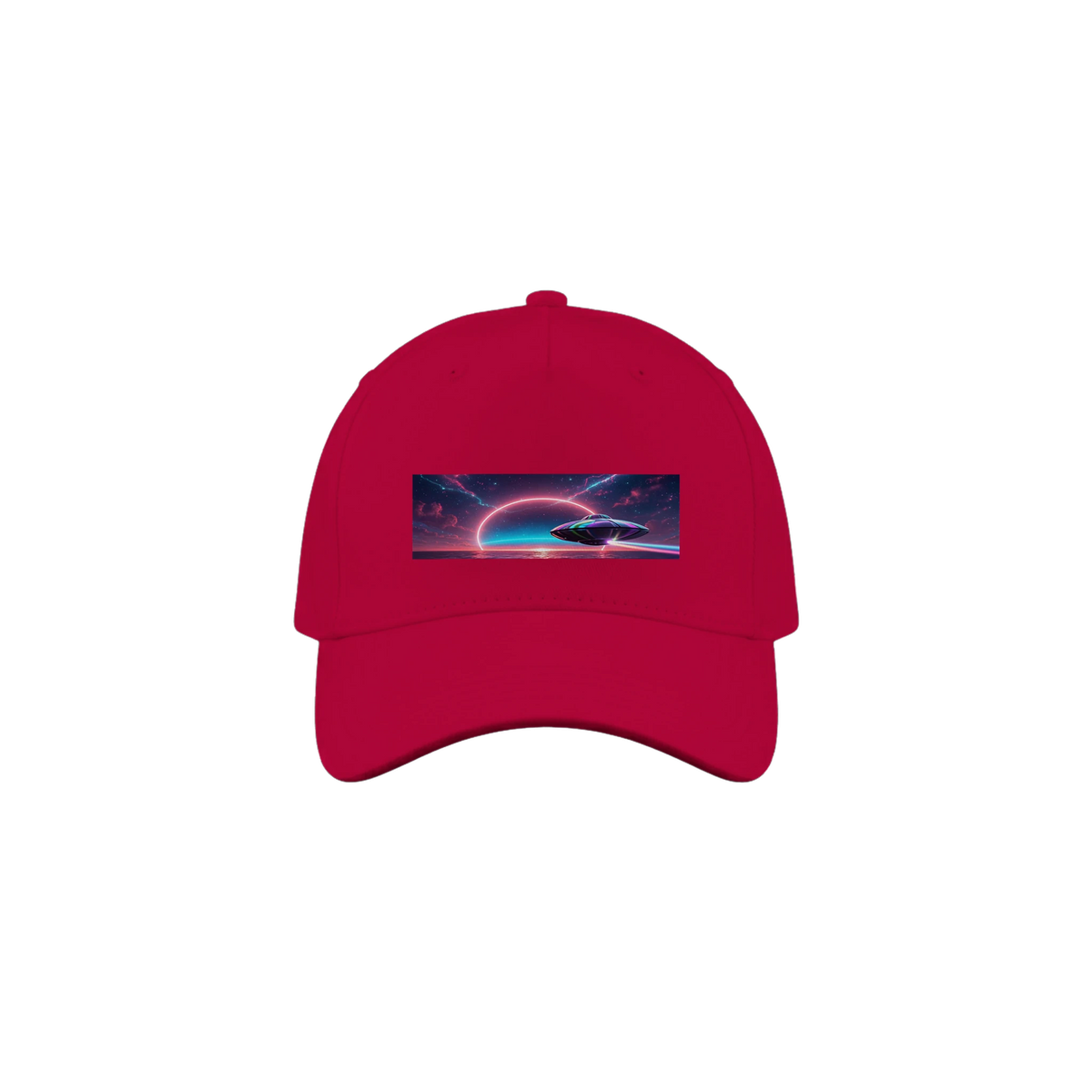 Red Cap with UFO heading toward the sunset over the water.