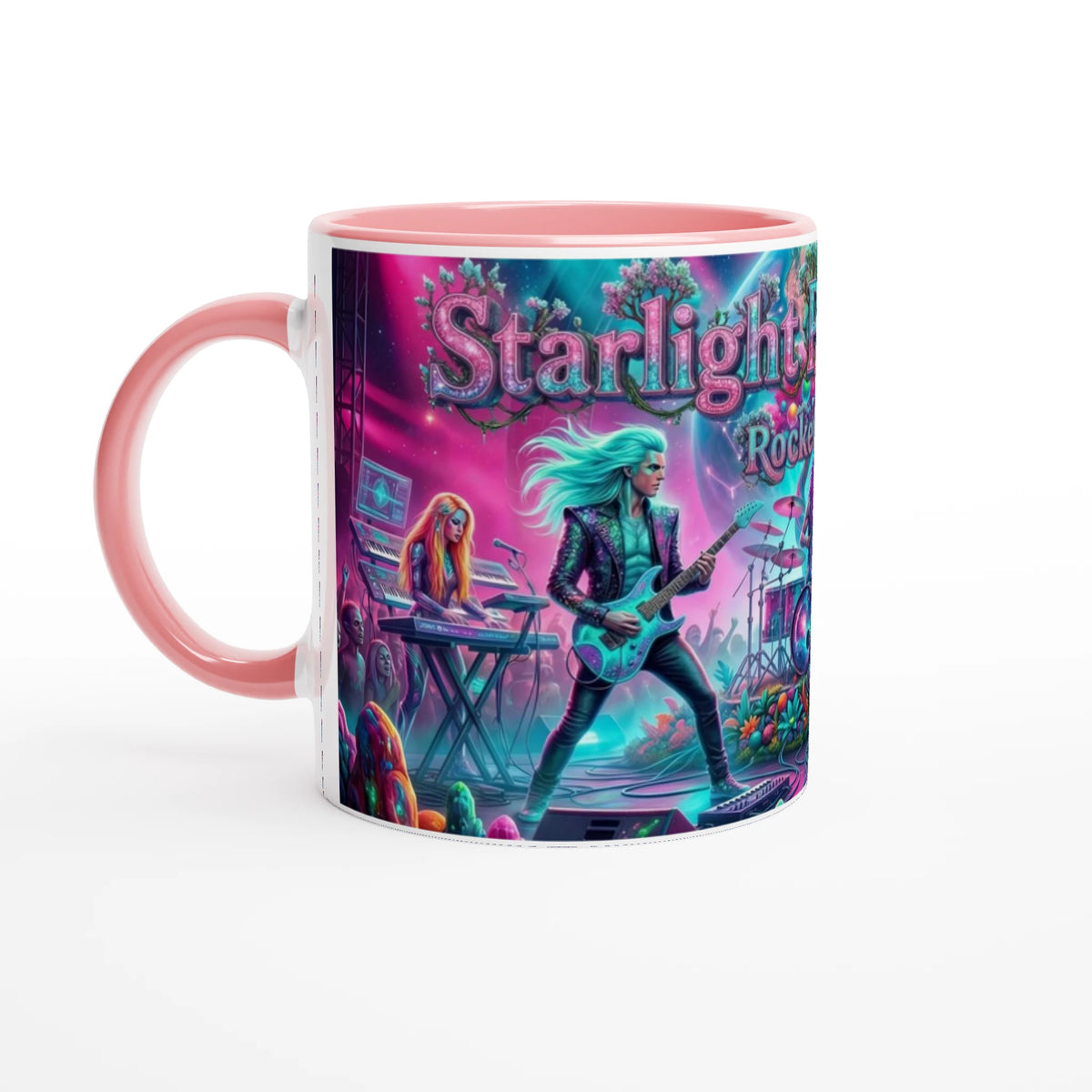 Rocket Rollers Starlight Pulse Melody 11oz Ceramic Mug. Glossy white on the outside with a burst of color inside