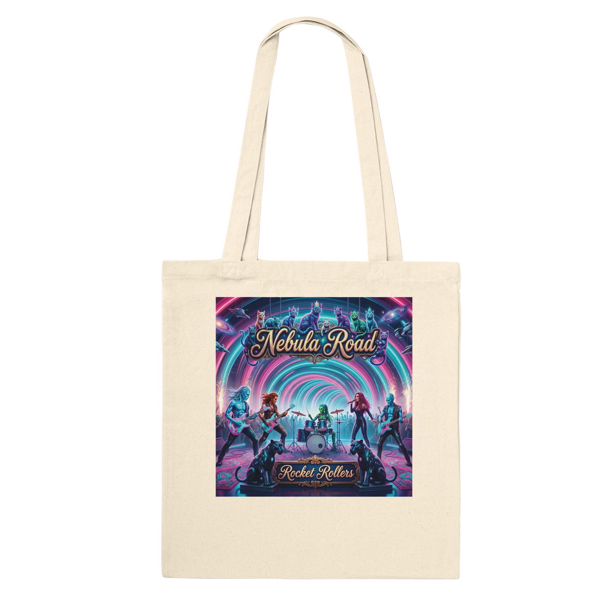 Rocket Rollers Nebula Road album cover Premium Tote Bag. Made from 100% eco‑friendly cotton with reinforced long handles