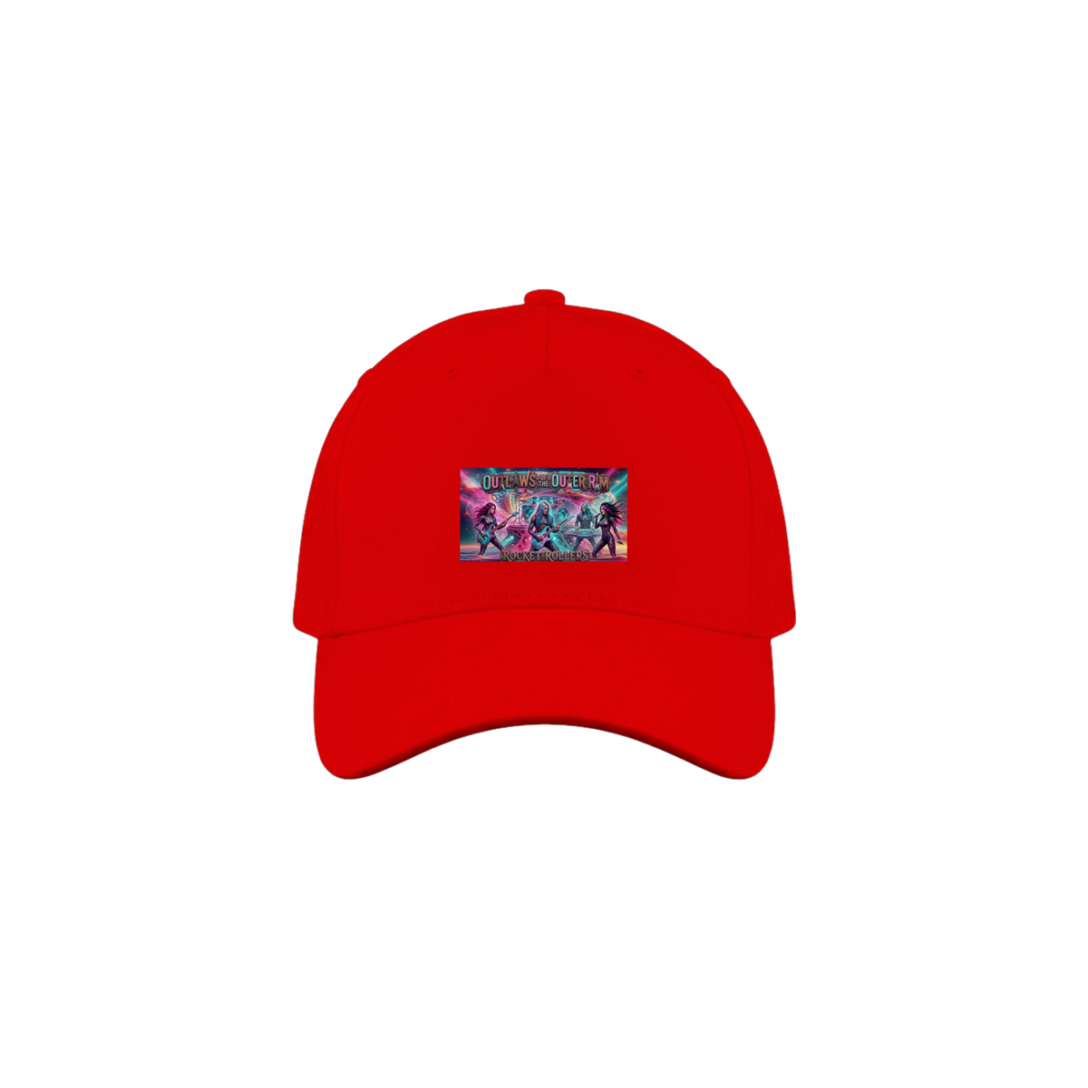 Red cap with a colorful graphic of the  Rocket Rollers "Outlaws Of The Outer Rim" album cover 5-Panel Cap. 