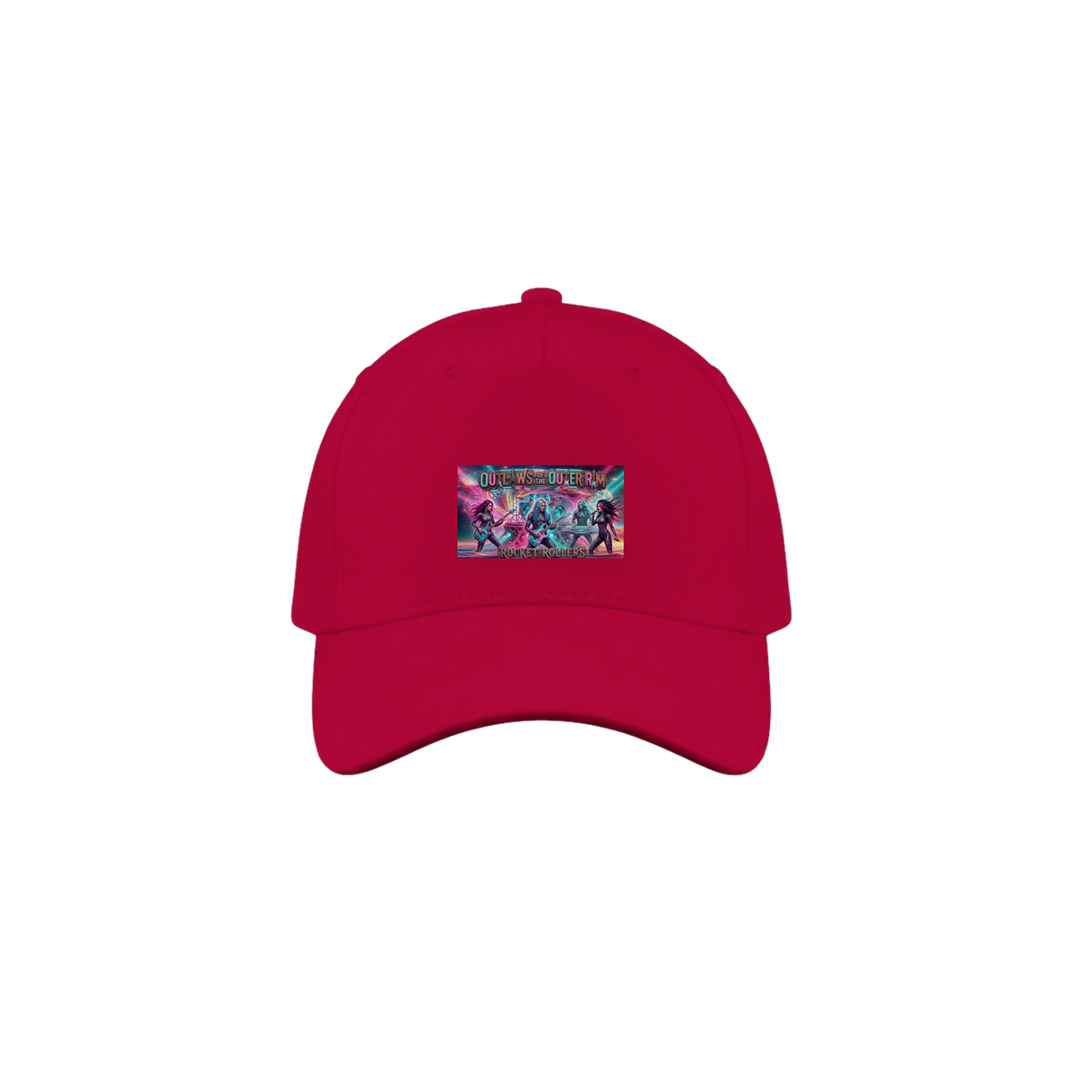 Red cap with a colorful graphic of the  Rocket Rollers "Outlaws Of The Outer Rim" album cover 5-Panel Cap. 