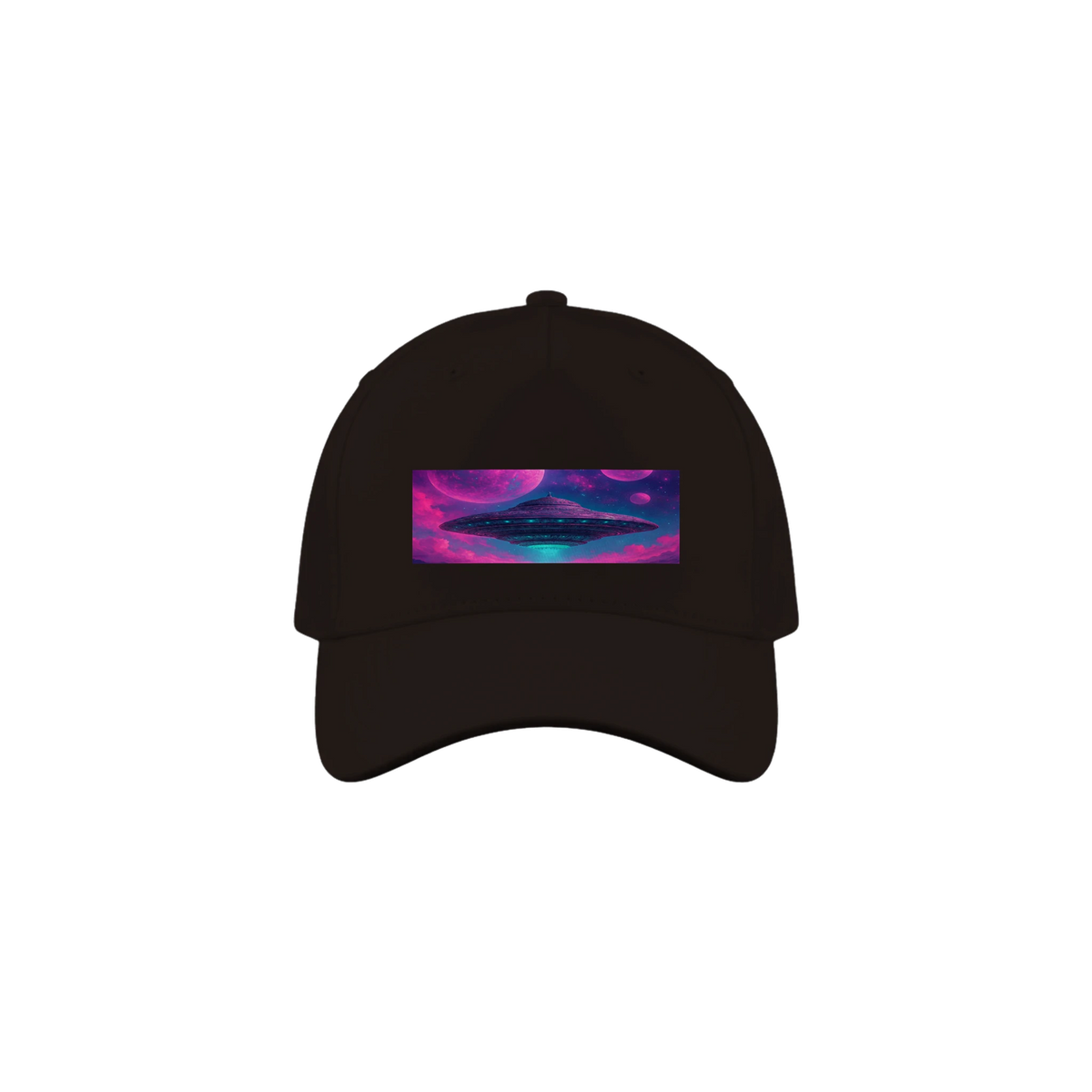 A brown baseball cap featuring a rectangular front patch with a colorful graphic of a UFO in a pink and purple nebula.