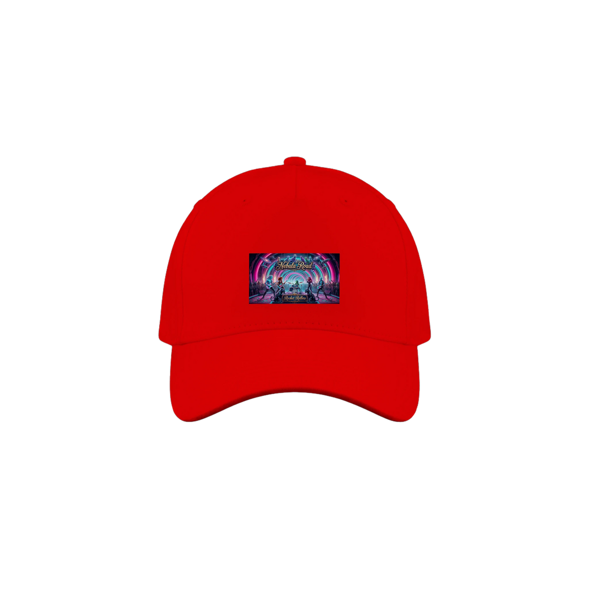 Red cap with front patch of the Rocket Rollers Nebula Road album cover.