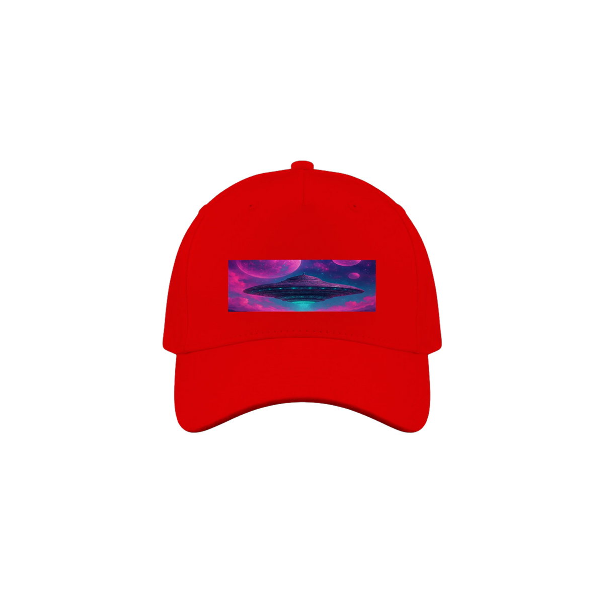 A red baseball cap featuring a rectangular front patch with a colorful graphic of a UFO in a pink and purple nebula.
