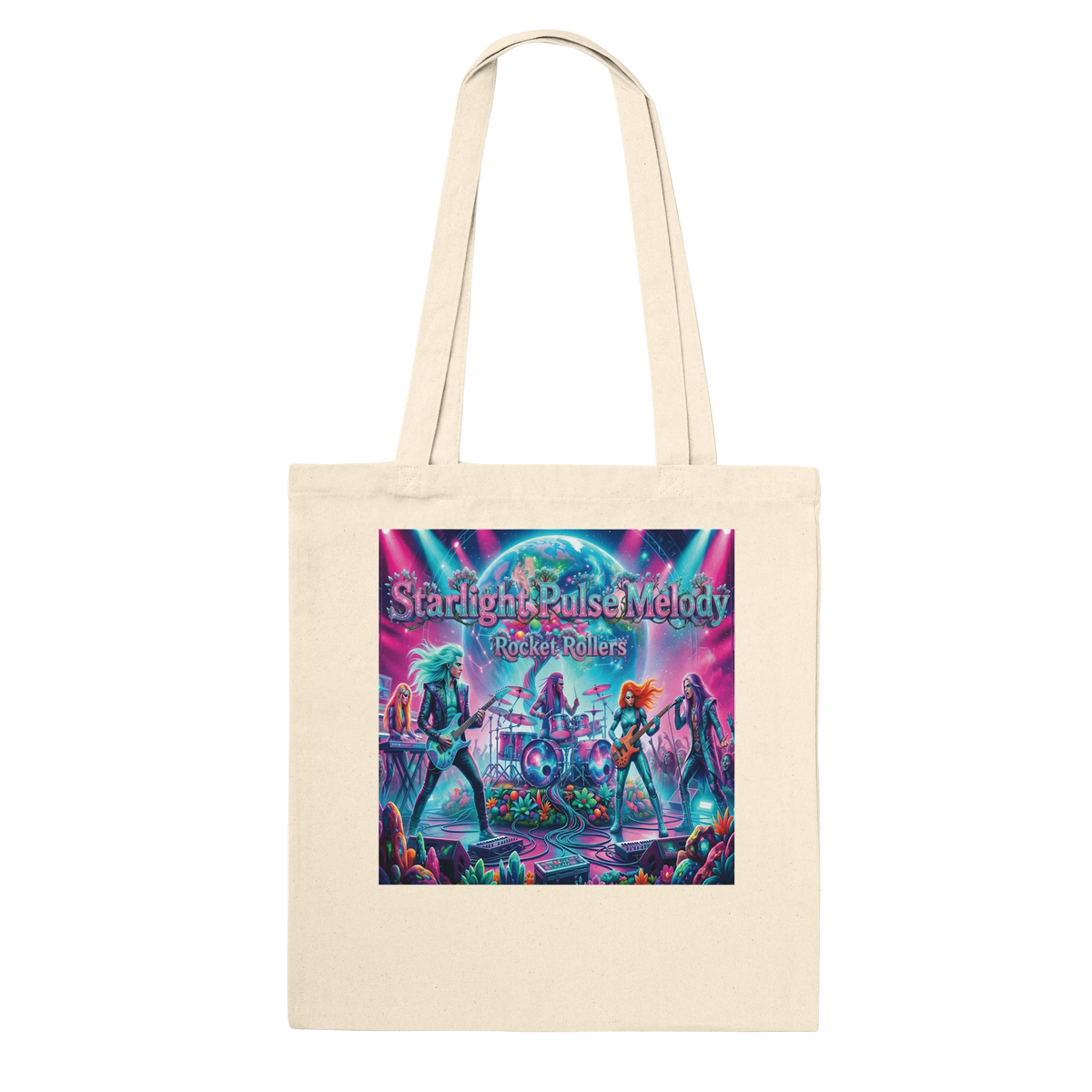 Carry the rhythm of the galaxy with the Rocket Rollers Starlight Pulse Melody Premium Tote Bag. Made from 100% eco‑friendly cotton