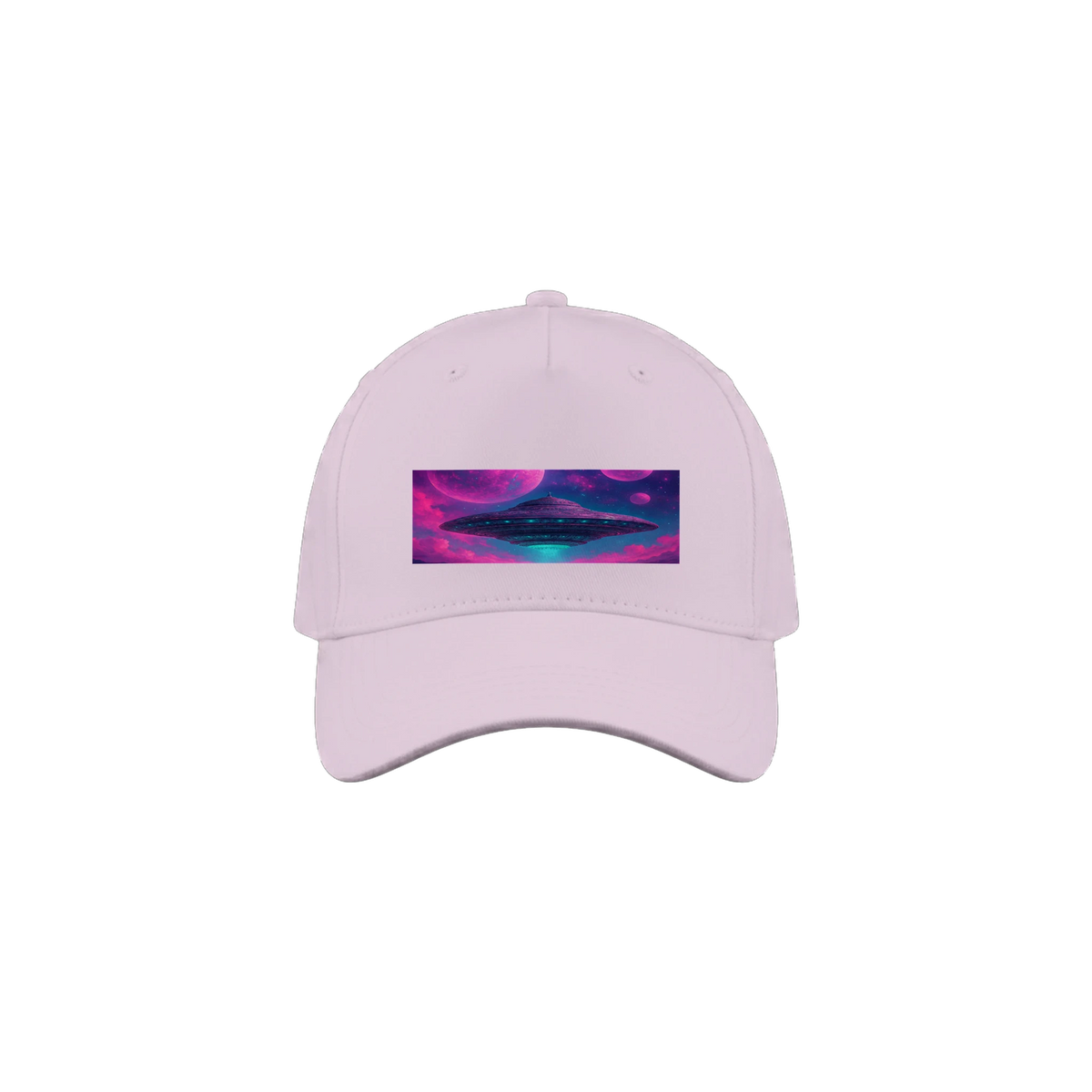 A light pink baseball cap featuring a rectangular front patch with a colorful cosmic design of a glowing spaceship in purple, pink, and blue.