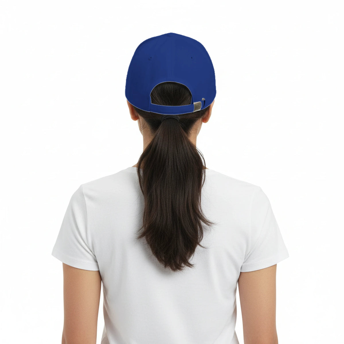 Person wearing a blue cap and white shirt on a white background