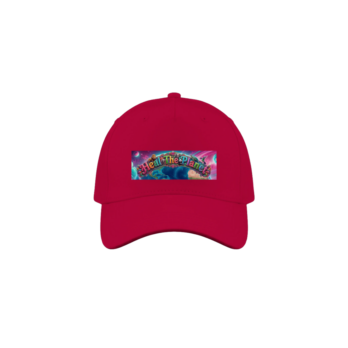Red cap with a bright animal framed logo that reads, "Heal The Planet".