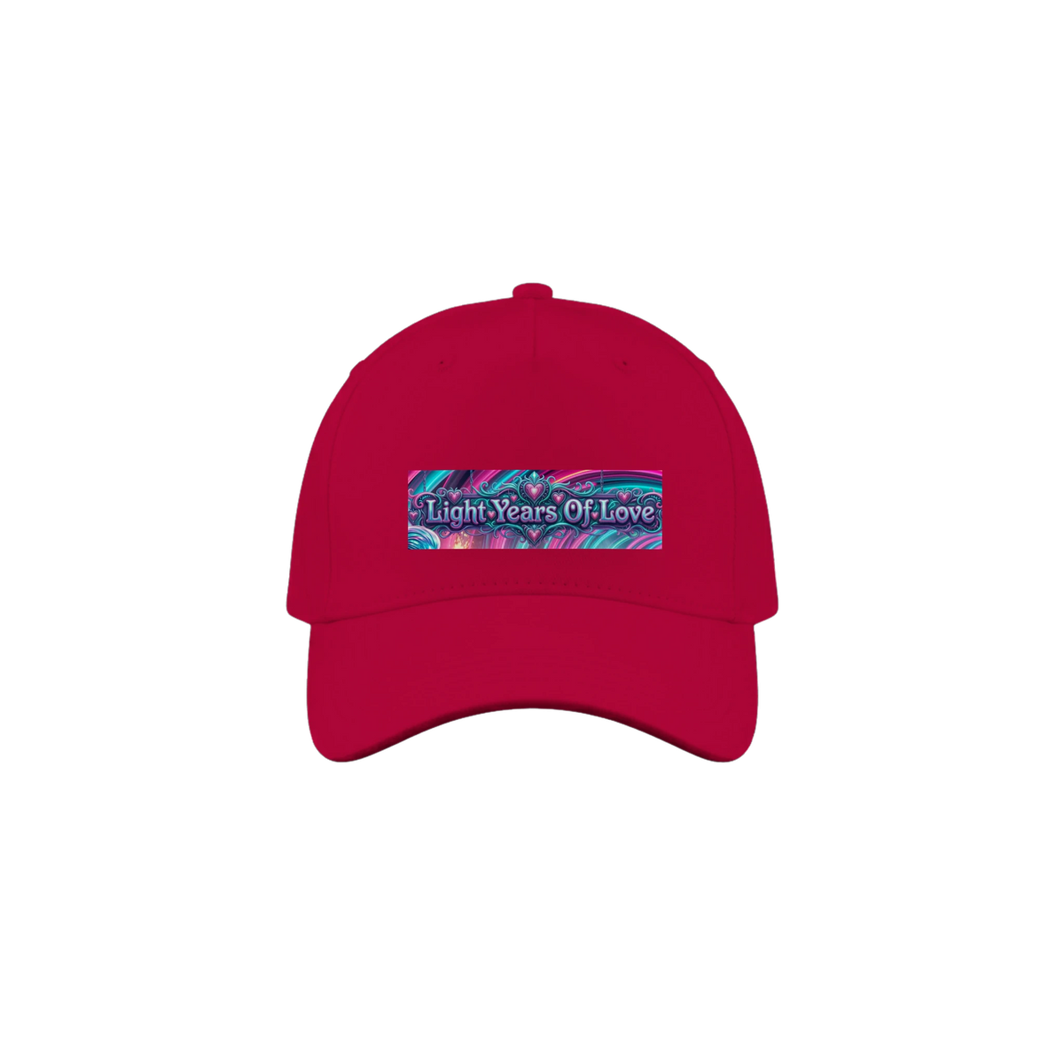 A bright red baseball cap with a colorful graphic patch on the front that reads 'Light Years Of Love' in white text over a blue, pink, and purple abstract design.