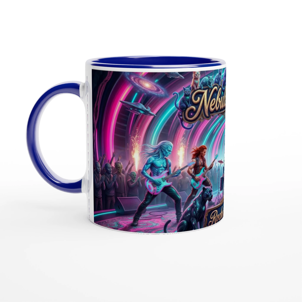 Rocket Rollers Nebula Road 11oz Ceramic Mug. Glossy white on the outside with a burst of color inside