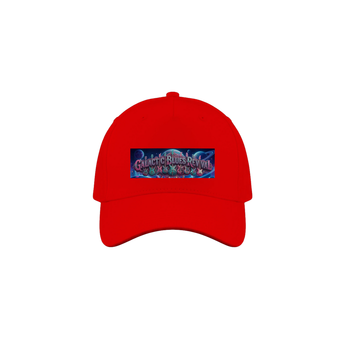 A red baseball cap featuring a rectangular graphic patch on the front with the text 'Galactic Blues Revival' decorated with colorful guitars and a blue space-themed design, shown against planets in the  background.